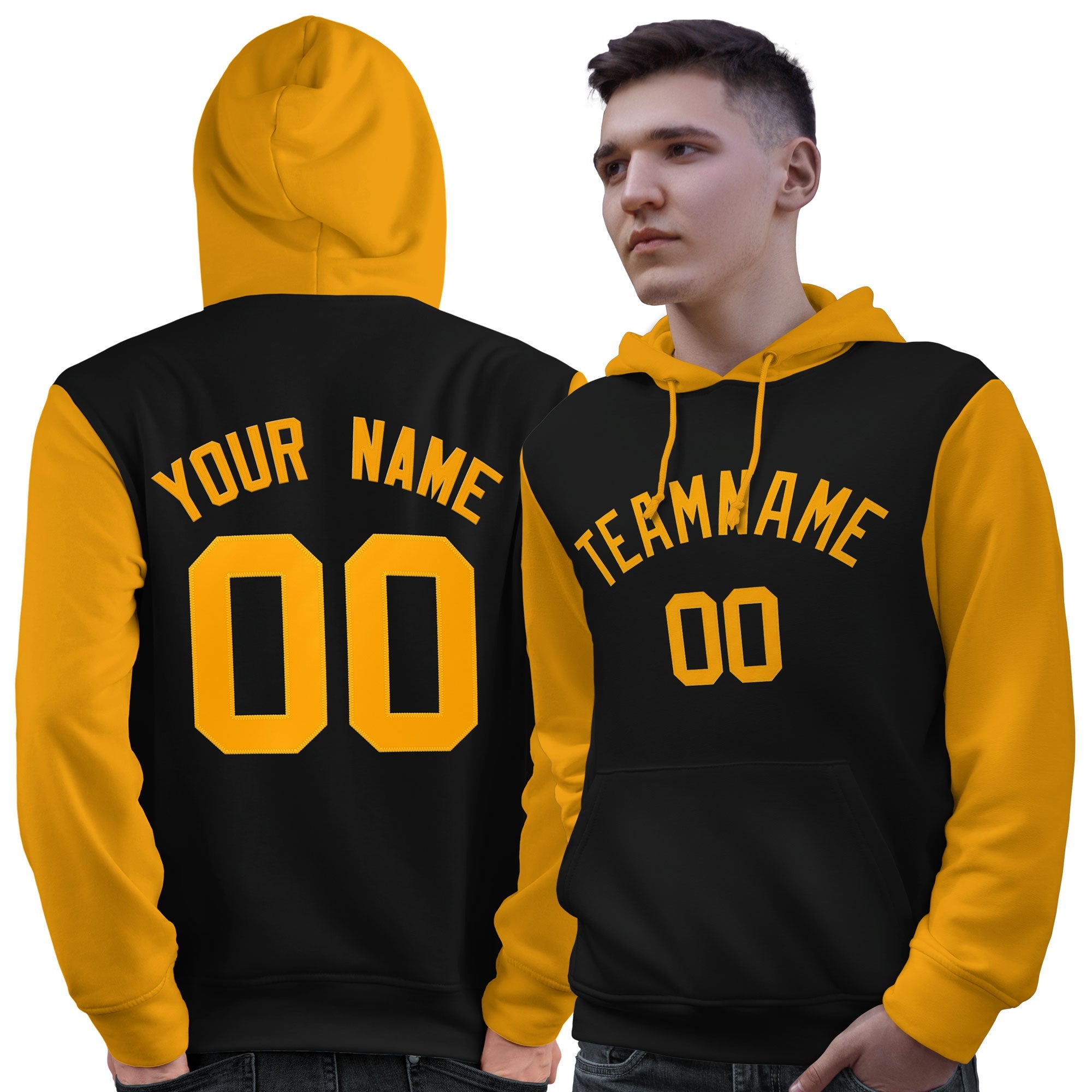 Custom Black Gold Raglan Sleeves Pullover Personalized Sweatshirt Hoodie