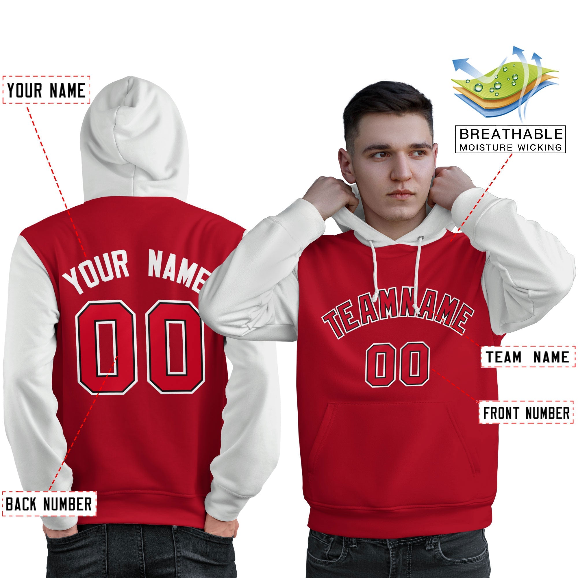 Custom Red Black-White Raglan Sleeves Pullover Personalized Sweatshirt Hoodie