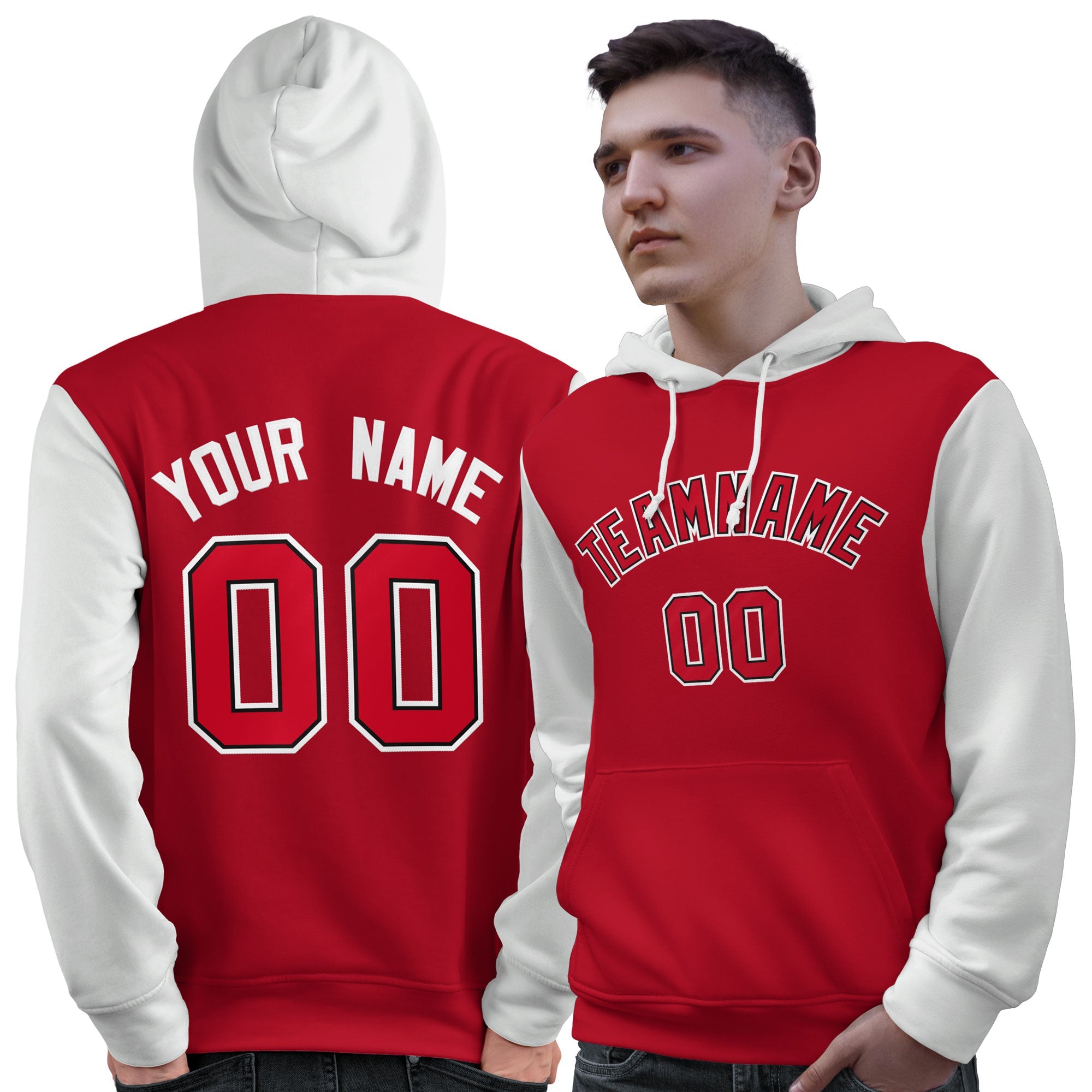 Custom Red Black-White Raglan Sleeves Pullover Personalized Sweatshirt Hoodie