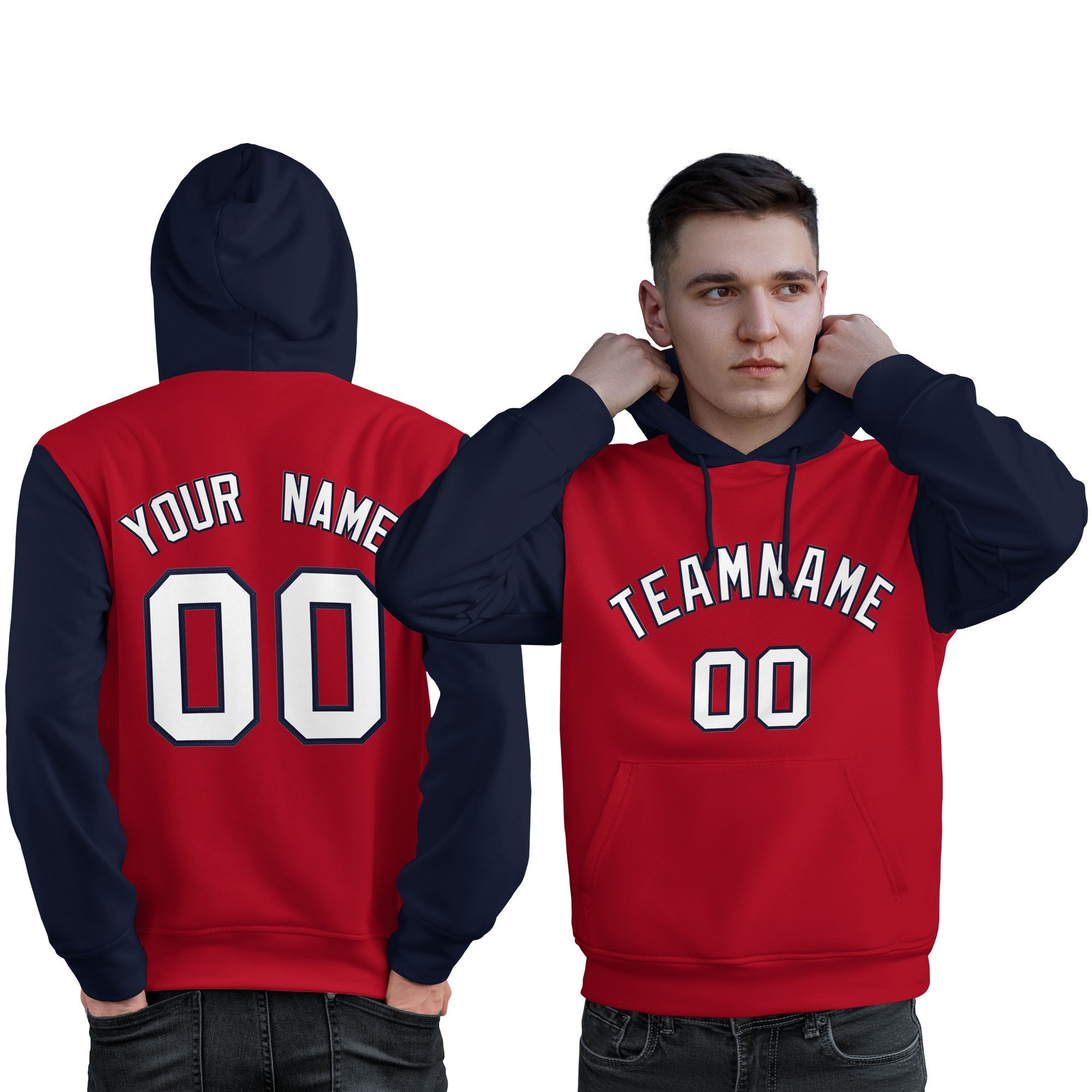 Custom Red White-Navy Raglan Sleeves Pullover Personalized Sweatshirt Hoodie