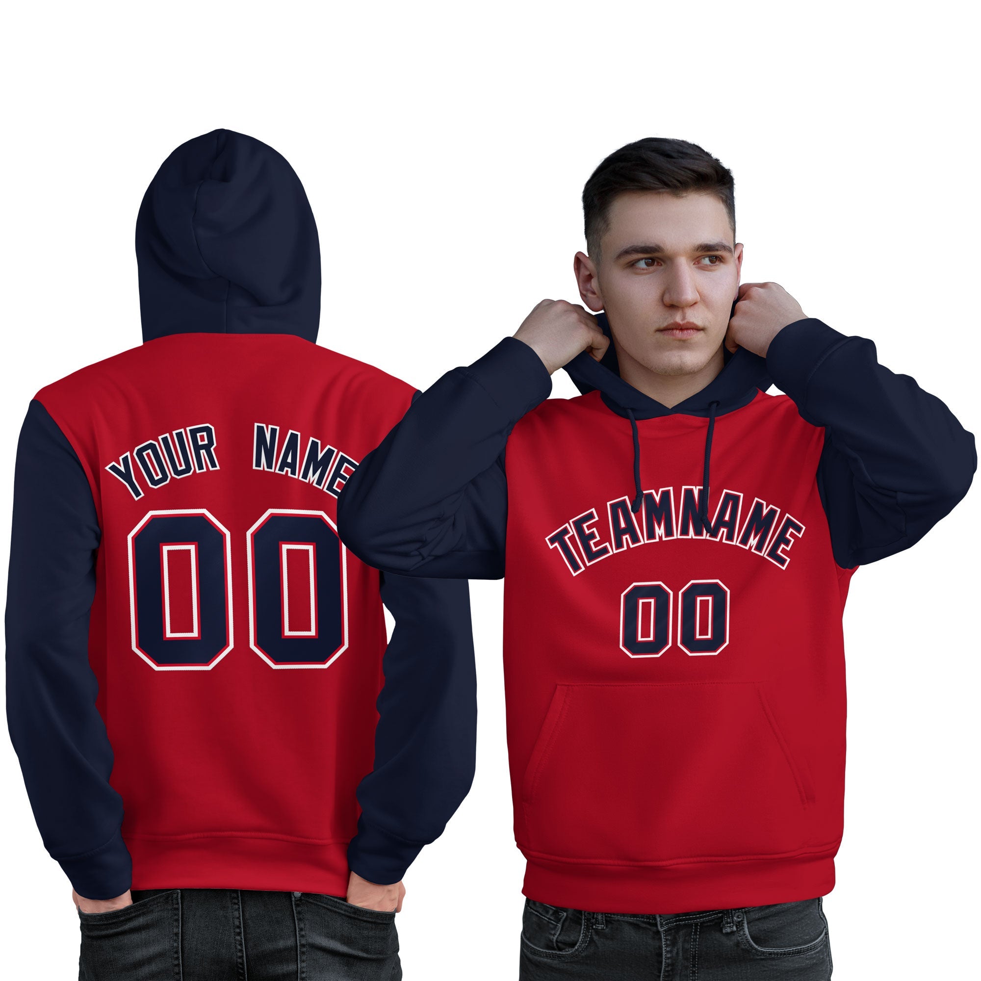 Custom Red Navy-White Raglan Sleeves Pullover Personalized Sweatshirt Hoodie