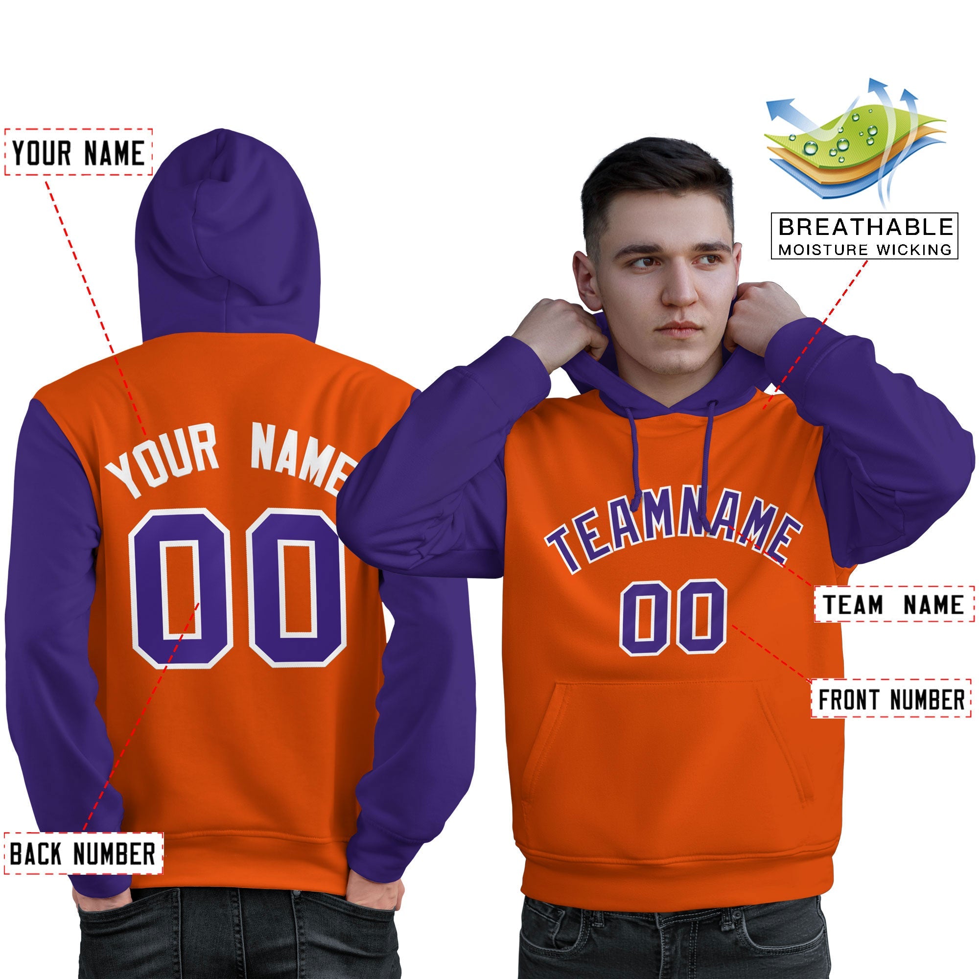 Custom Orange Purple-White Raglan Sleeves Pullover Personalized Sweatshirt Hoodie