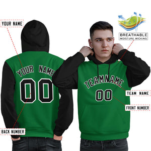 Custom Kelly Green Black-White Raglan Sleeves Pullover Personalized Sweatshirt Hoodie