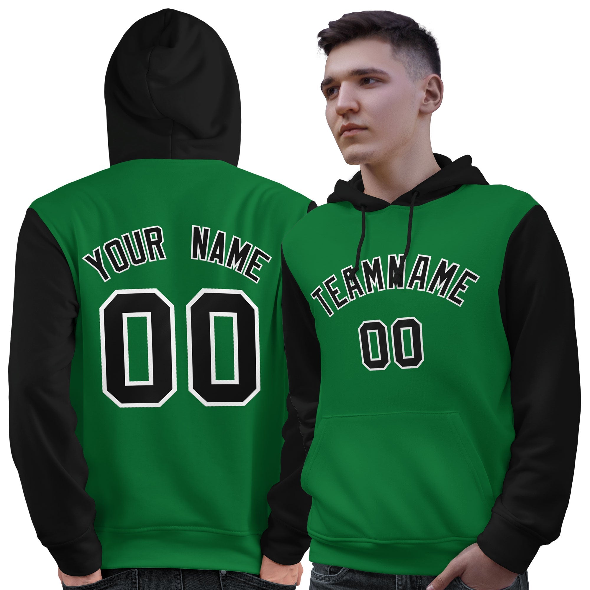 Custom Kelly Green Black-White Raglan Sleeves Pullover Personalized Sweatshirt Hoodie