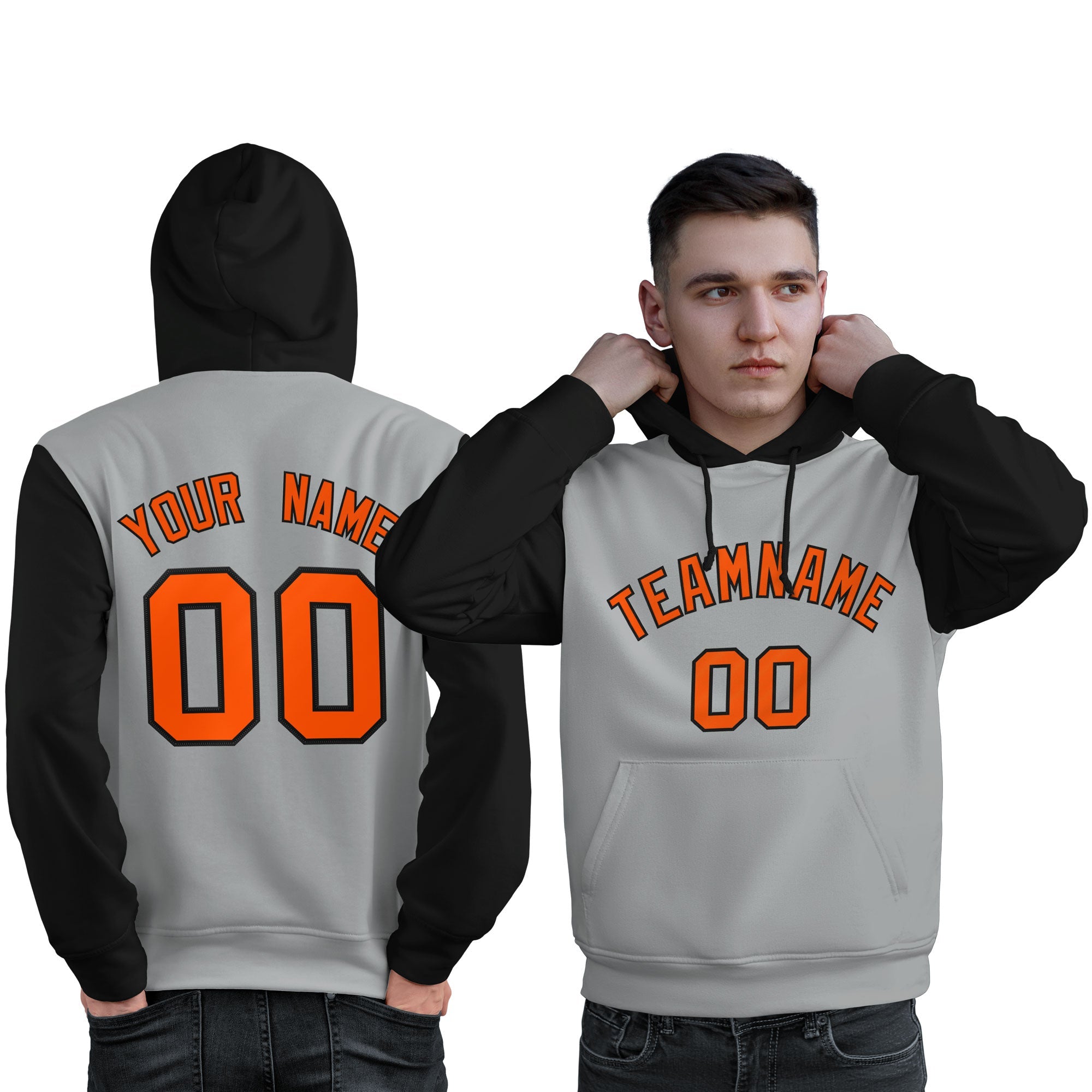 Custom Gray Orange-Black Raglan Sleeves Pullover Personalized Sweatshirt Hoodie