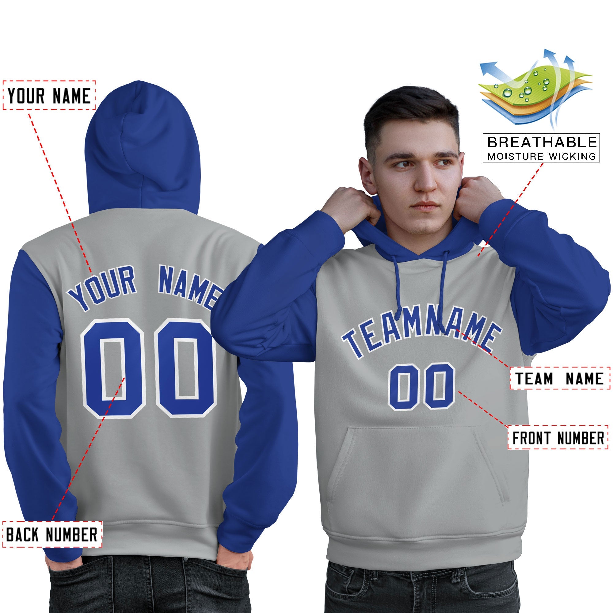 Custom Gray Royal-White Raglan Sleeves Pullover Personalized Sweatshirt Hoodie