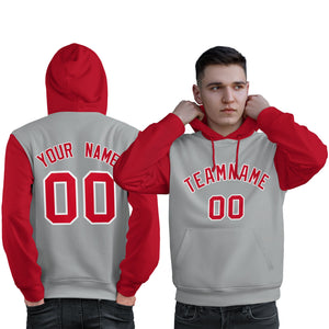 Custom Gray Red-White Raglan Sleeves Pullover Personalized Sweatshirt Hoodie