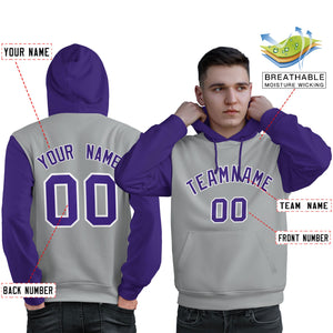 Custom Gray Purple-White Raglan Sleeves Pullover Personalized Sweatshirt Hoodie