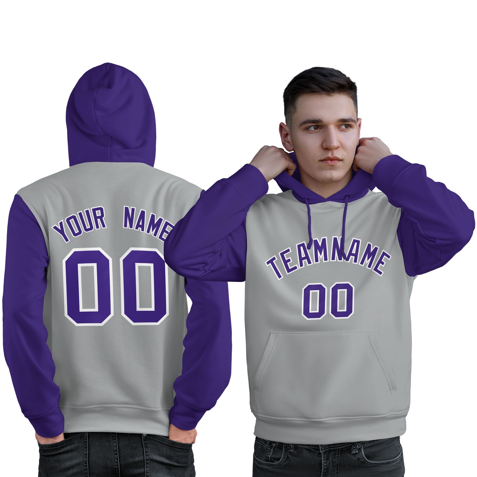 Custom Gray Purple-White Raglan Sleeves Pullover Personalized Sweatshirt Hoodie