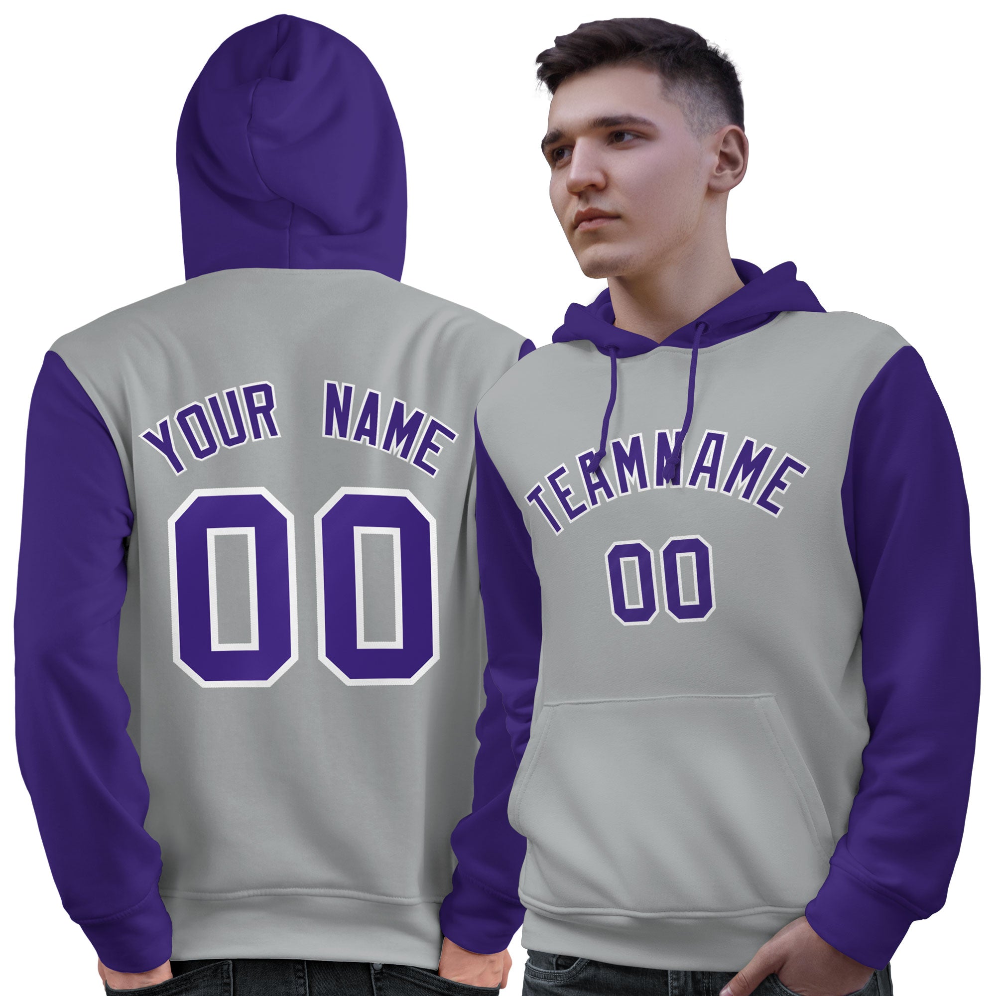 Custom Gray Purple-White Raglan Sleeves Pullover Personalized Sweatshirt Hoodie