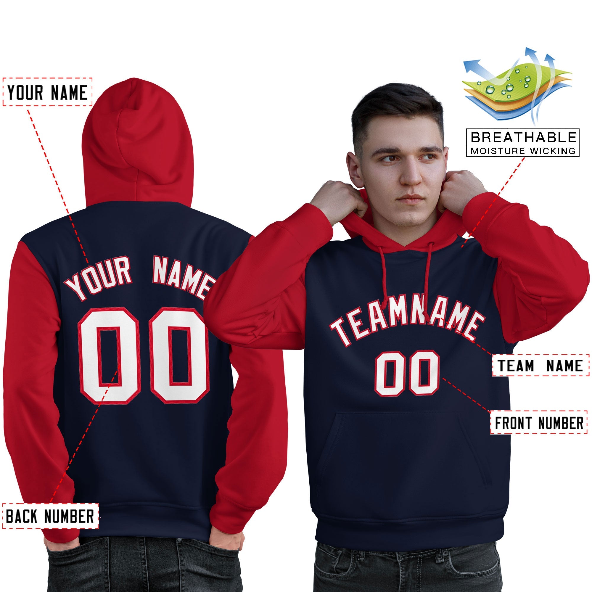 Custom Navy White-Red Raglan Sleeves Pullover Personalized Sweatshirt Hoodie