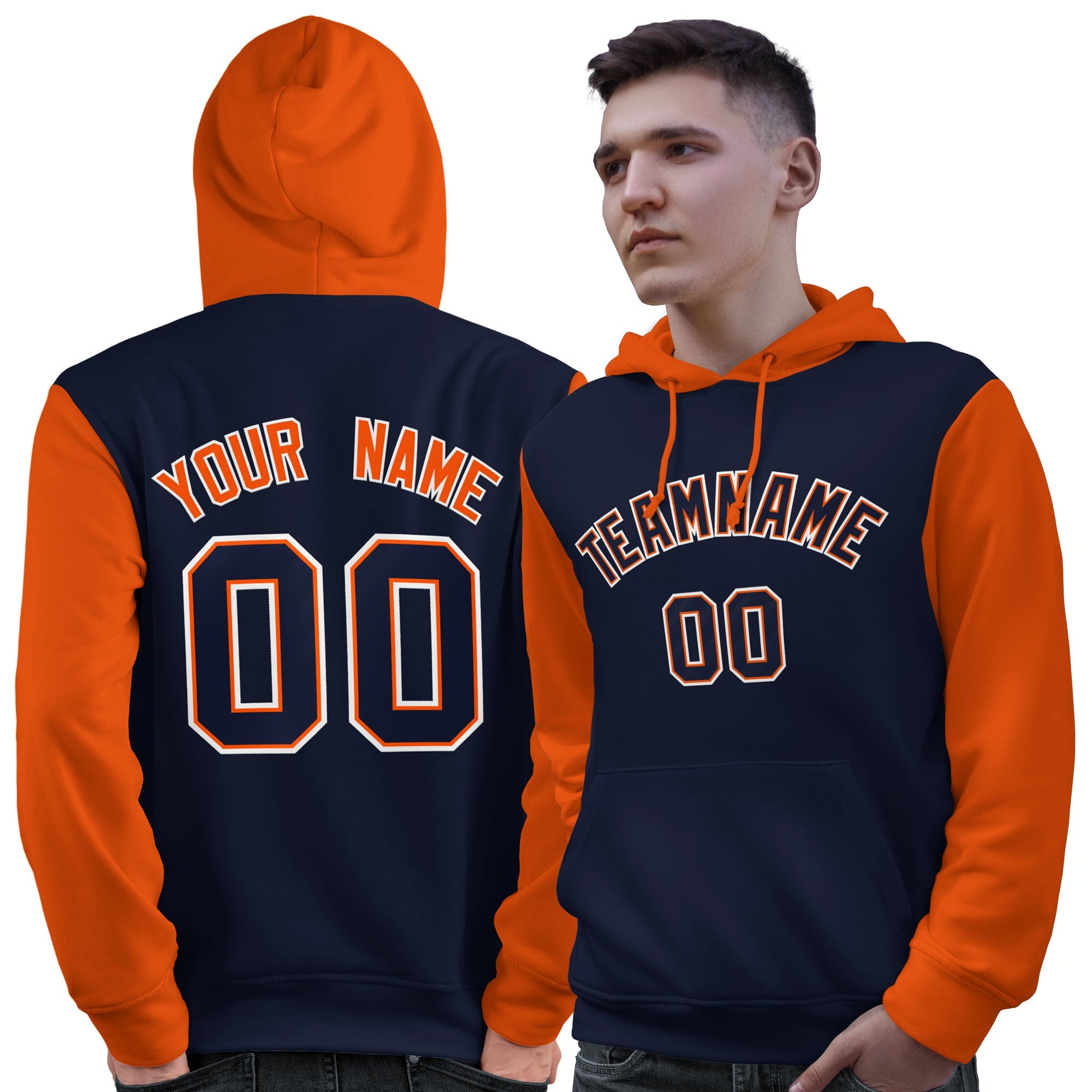 Custom Navy Orange-White Raglan Sleeves Pullover Personalized Sweatshirt Hoodie