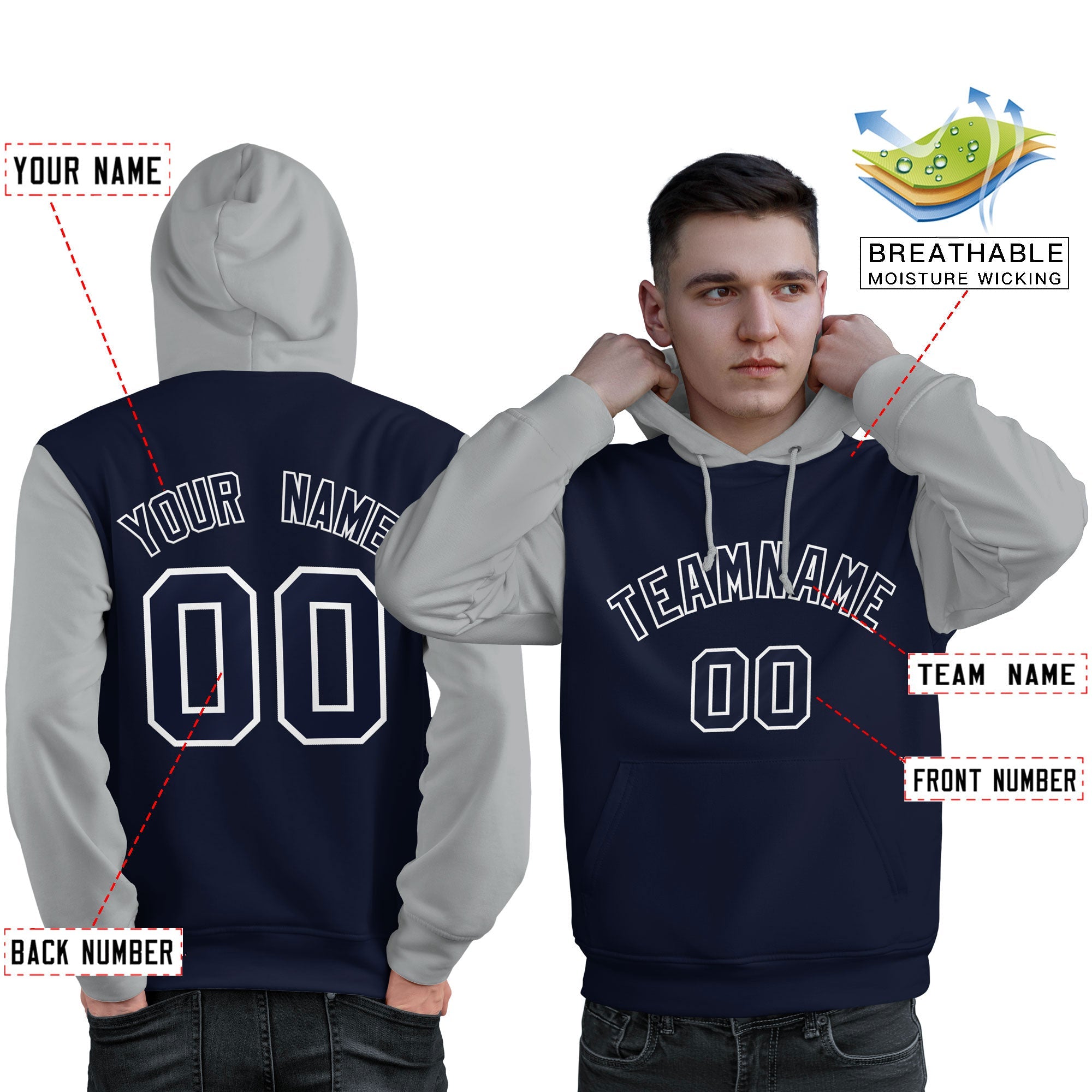 Custom Navy White-Gray Raglan Sleeves Pullover Personalized Sweatshirt Hoodie