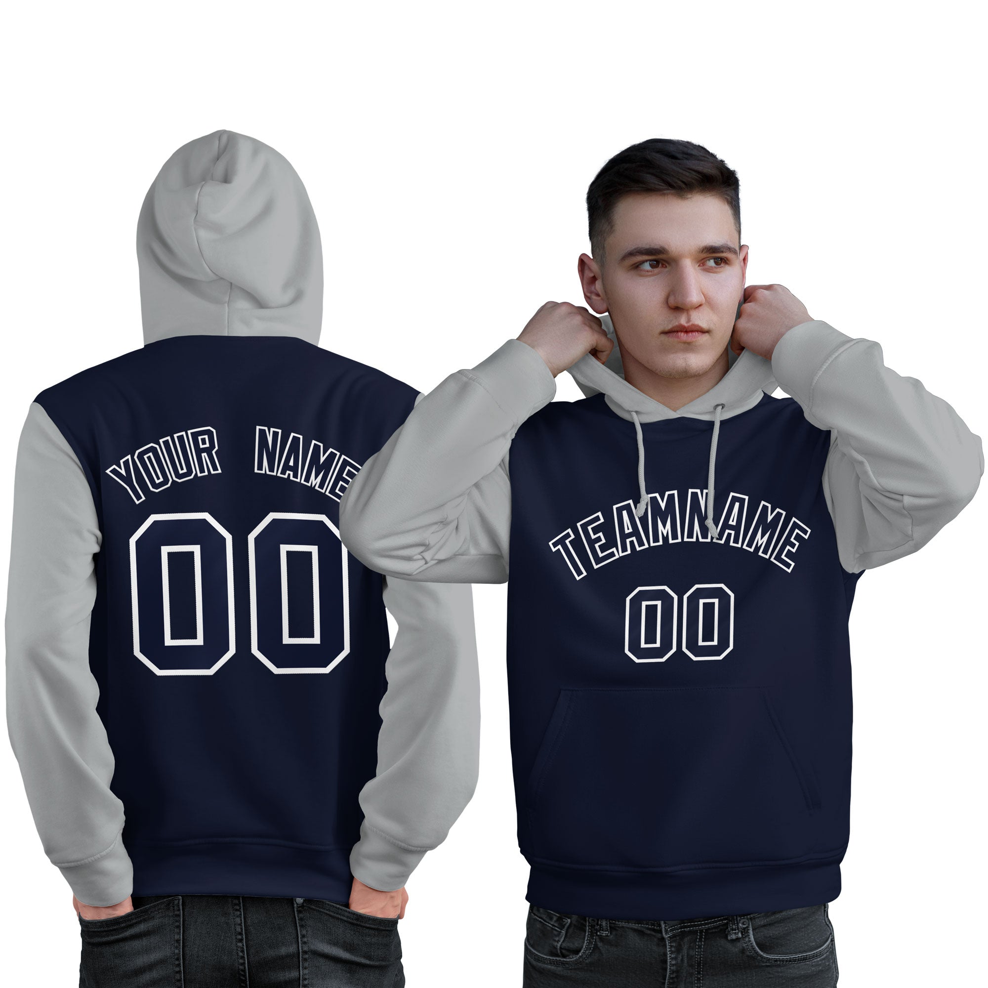 Custom Navy White-Gray Raglan Sleeves Pullover Personalized Sweatshirt Hoodie