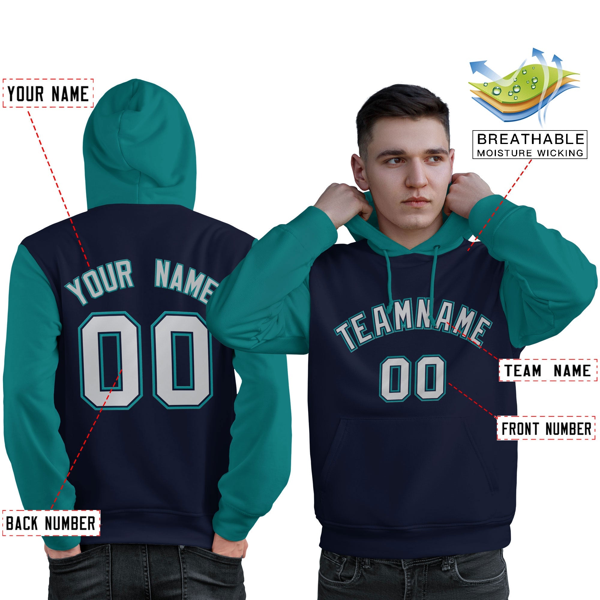 Custom Navy Gray-Aqua Raglan Sleeves Pullover Personalized Sweatshirt Hoodie