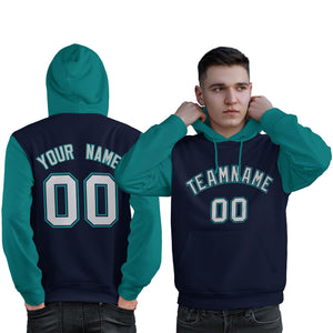 Custom Navy Gray-Aqua Raglan Sleeves Pullover Personalized Sweatshirt Hoodie