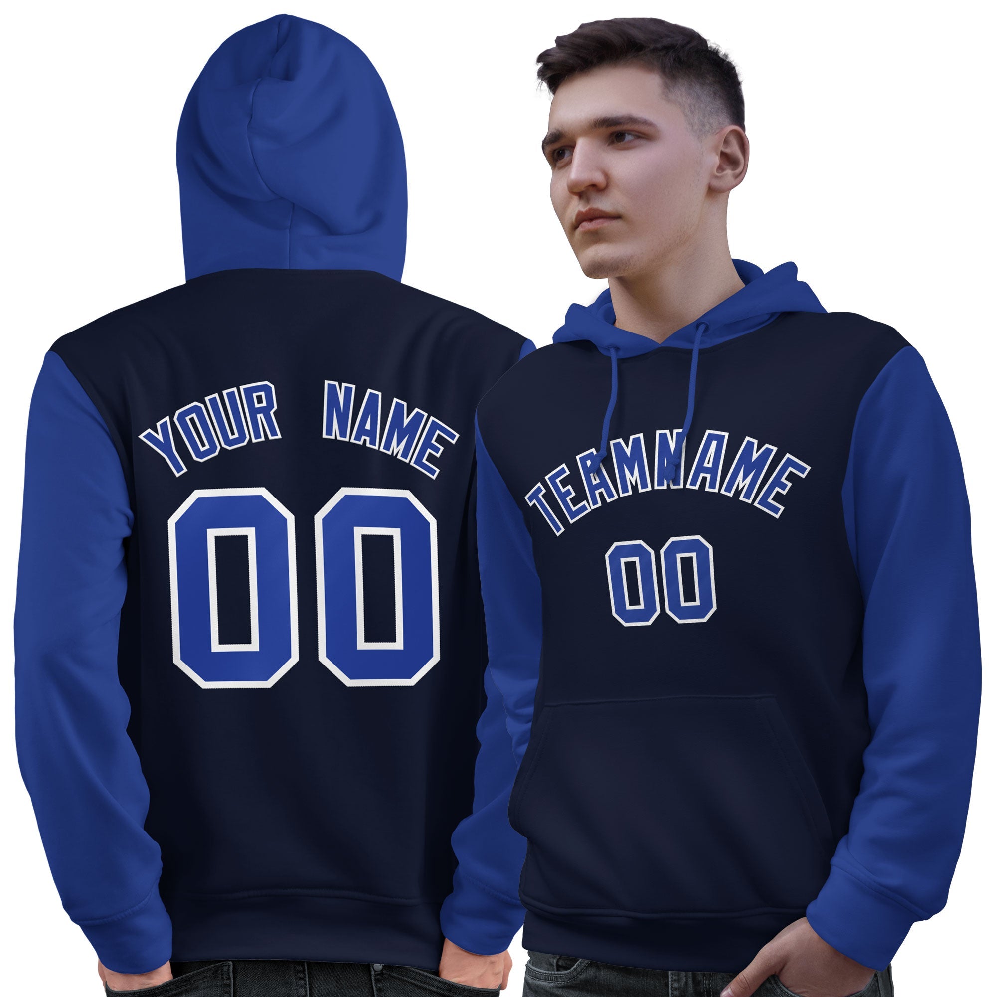 Custom Navy Royal-White Raglan Sleeves Pullover Personalized Sweatshirt Hoodie