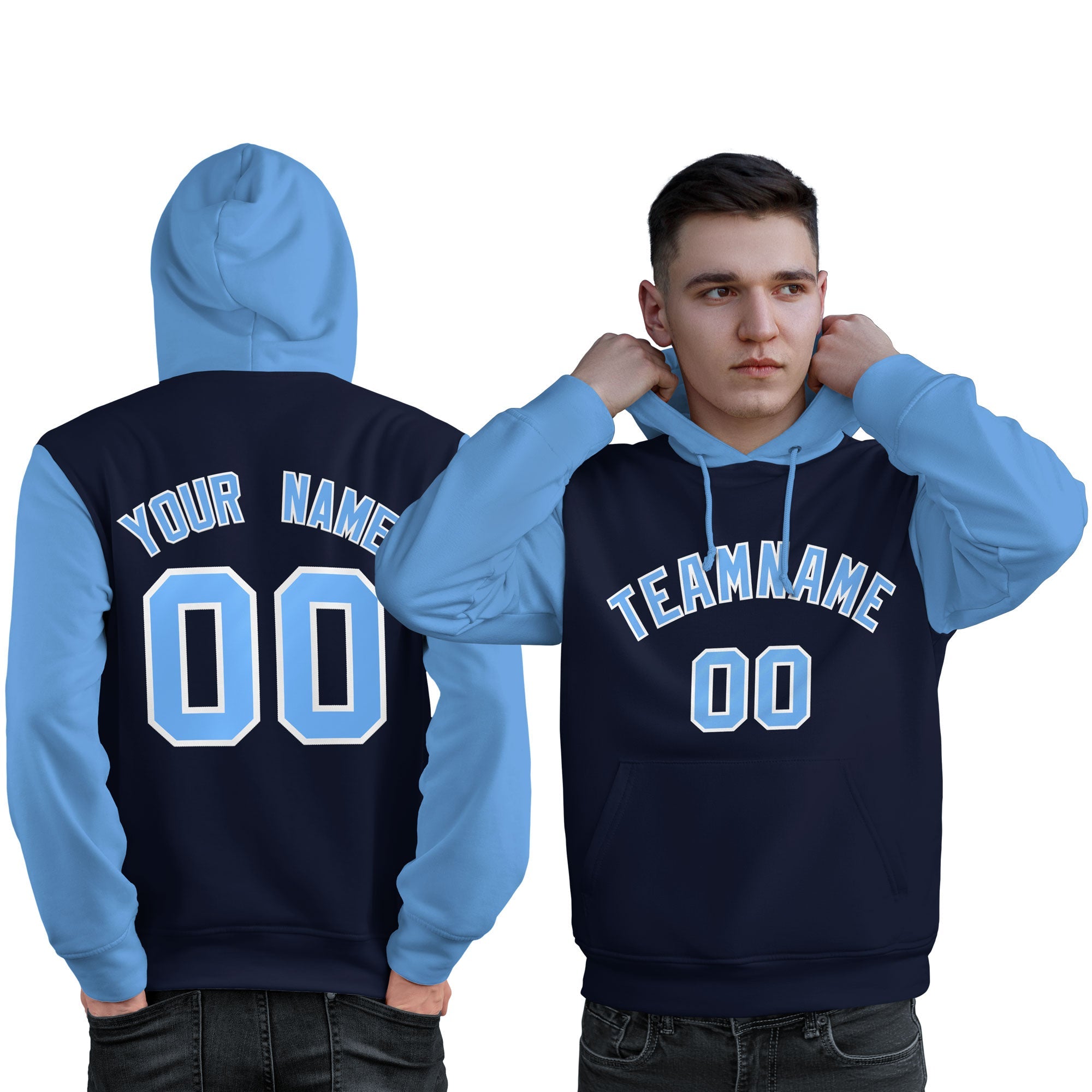 Custom Navy Lt Blue-White Raglan Sleeves Pullover Personalized Sweatshirt Hoodie