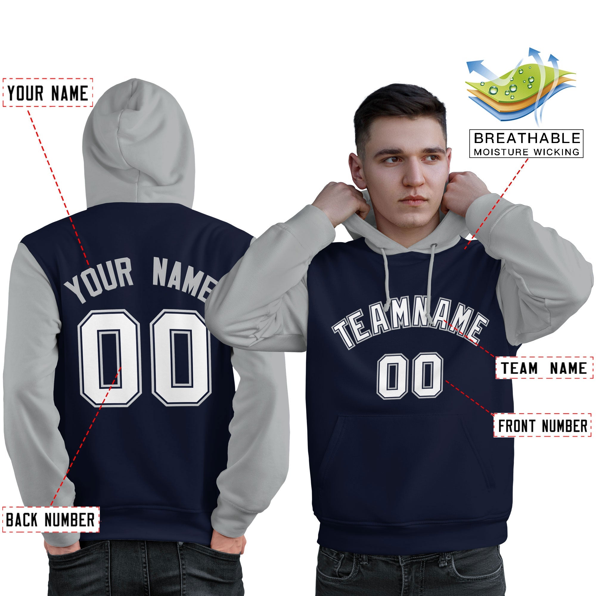 Custom Navy White-Gray Raglan Sleeves Pullover Personalized Sweatshirt Hoodie