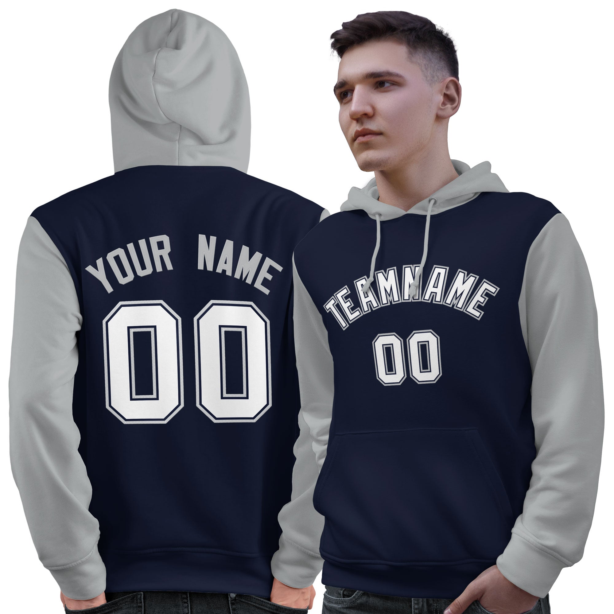 Custom Navy White-Gray Raglan Sleeves Pullover Personalized Sweatshirt Hoodie