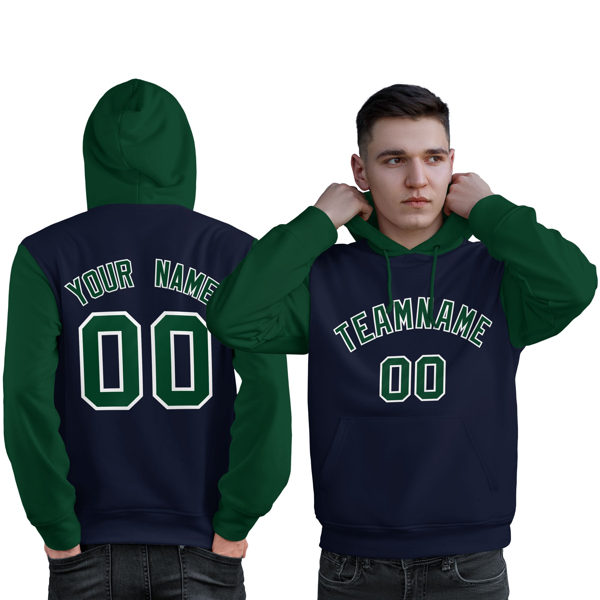 Custom Navy Green-White Raglan Sleeves Pullover Personalized Sweatshirt Hoodie