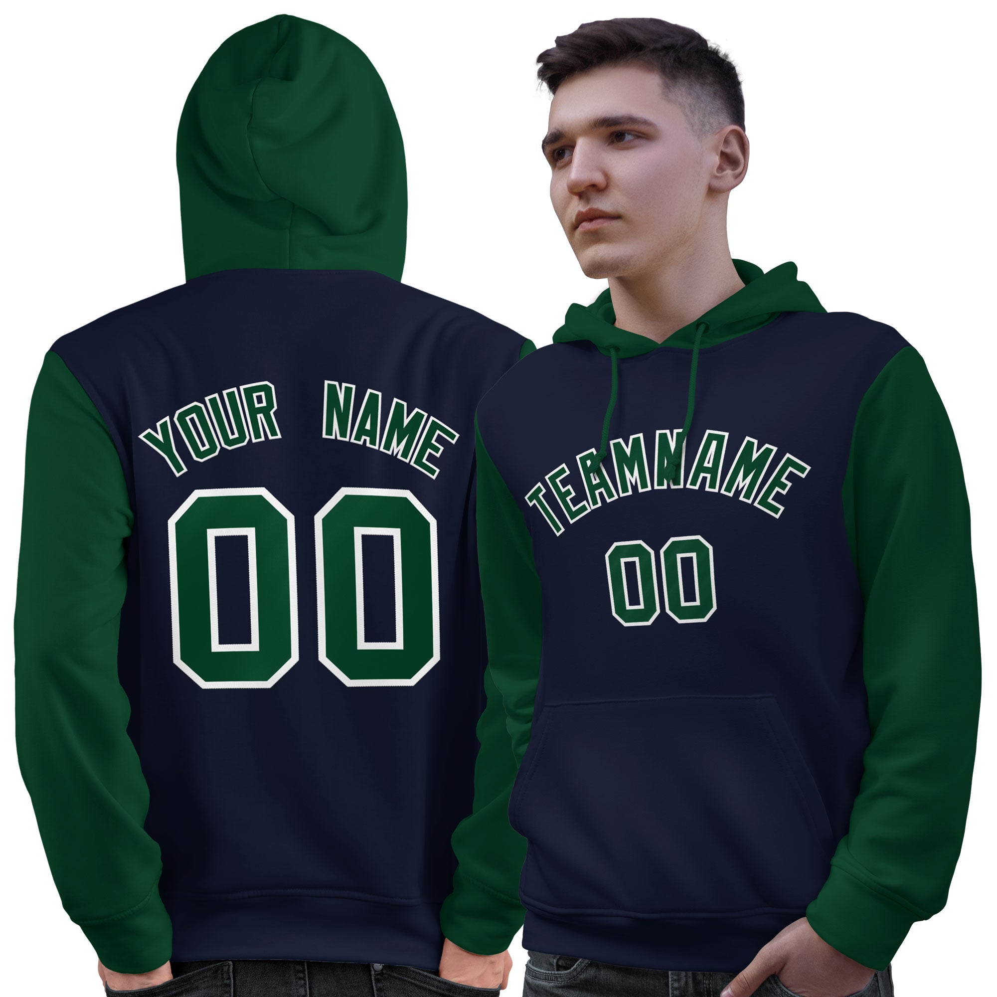 Custom Navy Green-White Raglan Sleeves Pullover Personalized Sweatshirt Hoodie