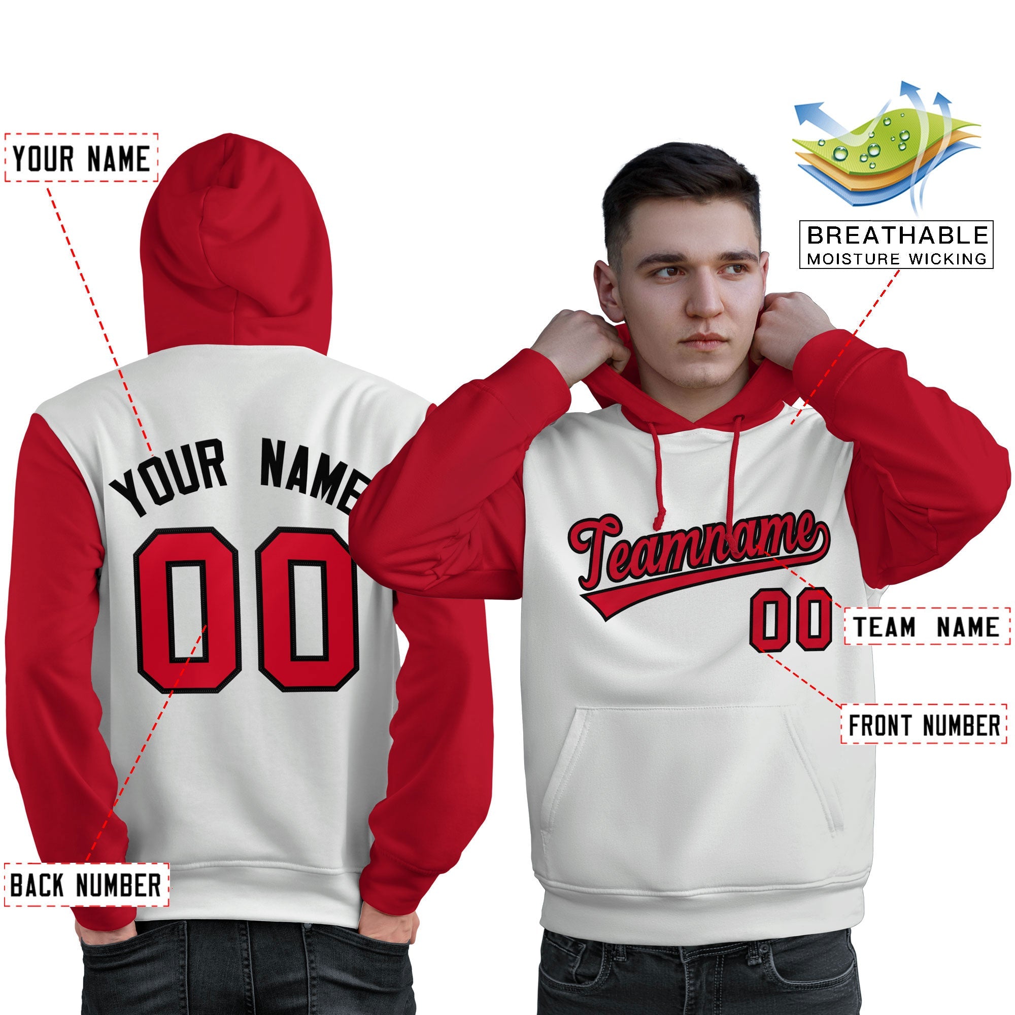 Custom White Red-Black Raglan Sleeves Pullover Personalized Sweatshirt Hoodie