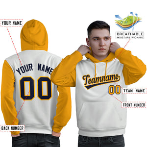 Custom White Navy-Gold Raglan Sleeves Pullover Personalized Sweatshirt Hoodie