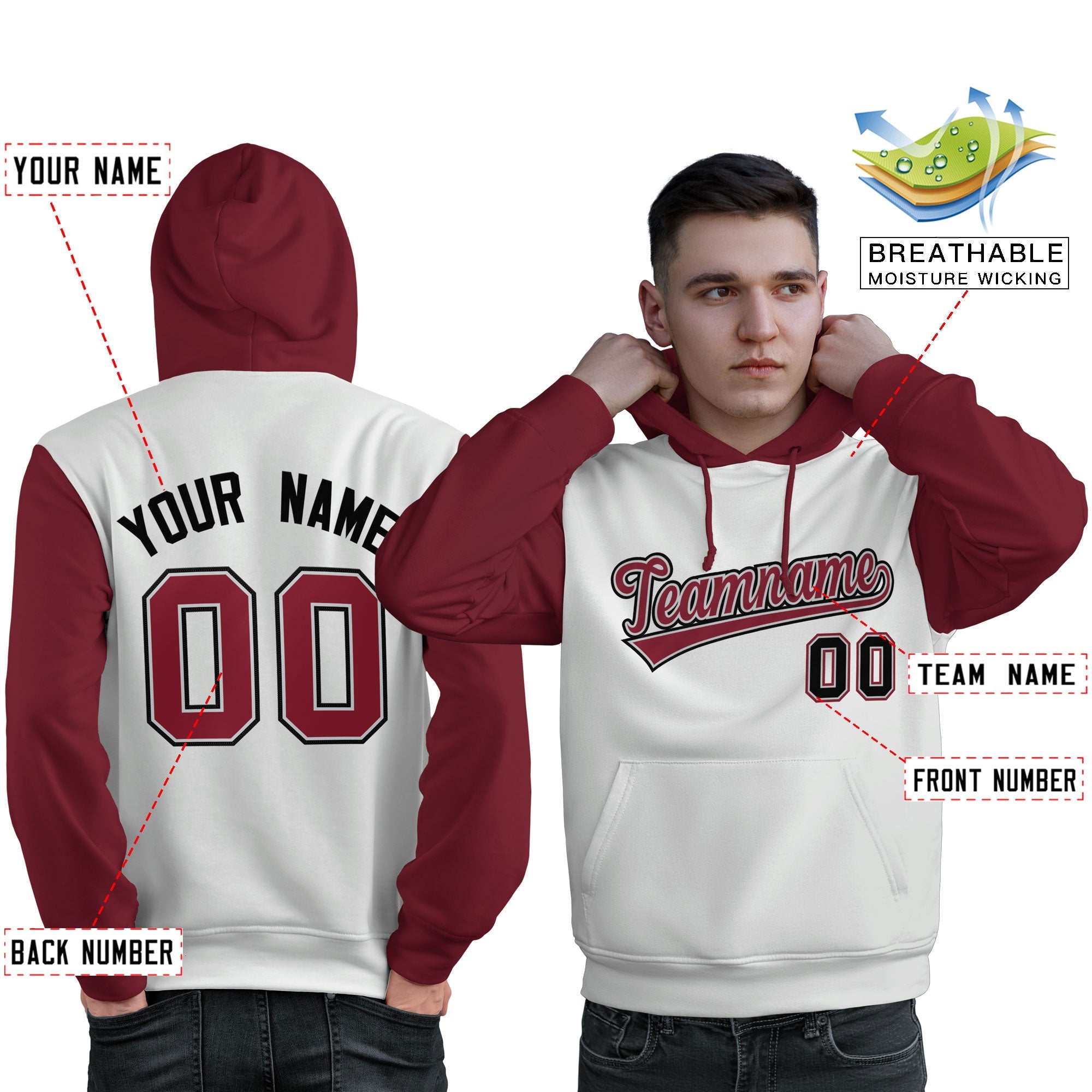 Custom White Crimson-Black Raglan Sleeves Pullover Personalized Sweatshirt Hoodie