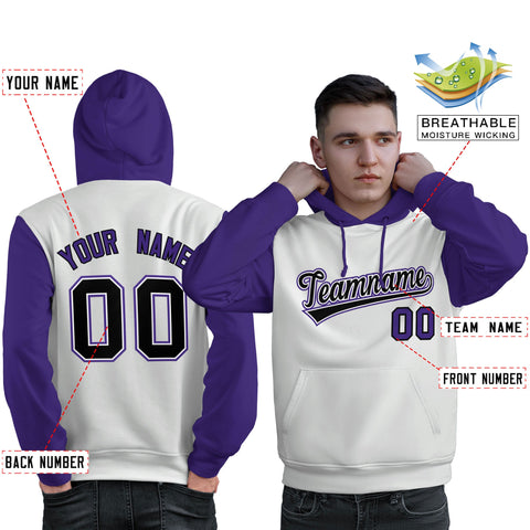 Custom White Black-Purple Raglan Sleeves Pullover Personalized Sweatshirt Hoodie