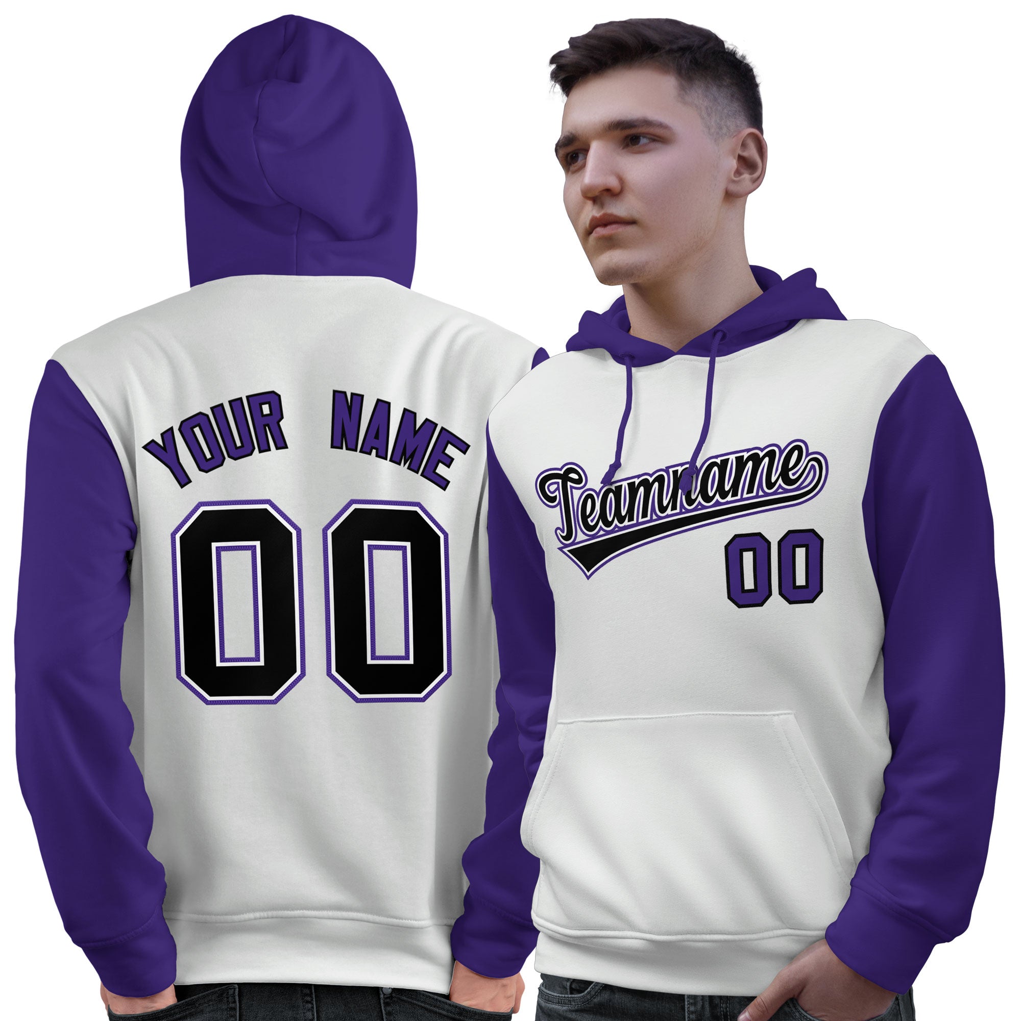 Custom White Black-Purple Raglan Sleeves Pullover Personalized Sweatshirt Hoodie