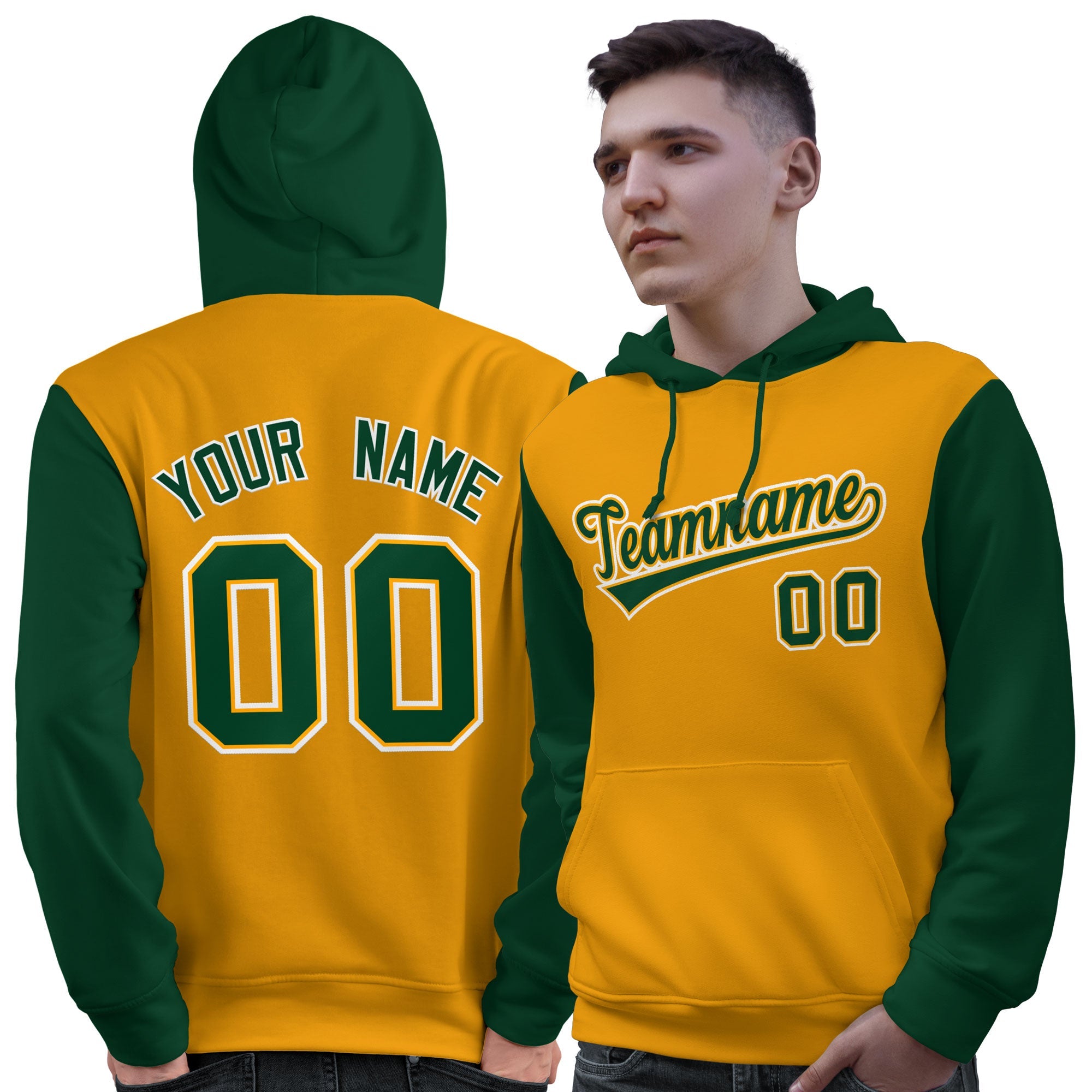 Custom Gold Green-White Raglan Sleeves Pullover Personalized Sweatshirt Hoodie