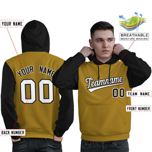 Custom Old Gold White-Black Raglan Sleeves Pullover Personalized Sweatshirt Hoodie