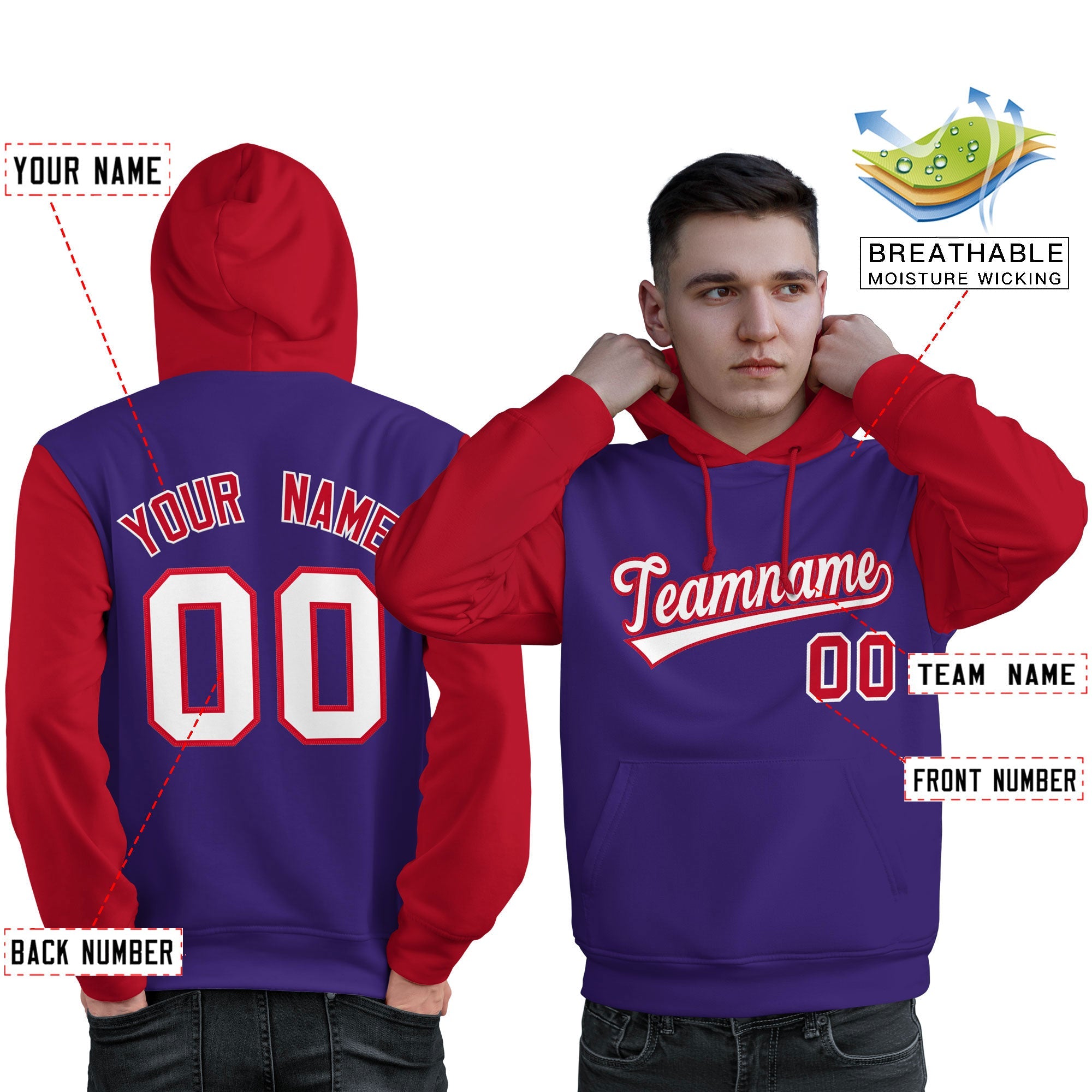 Custom Purple White-Red Raglan Sleeves Pullover Personalized Sweatshirt Hoodie