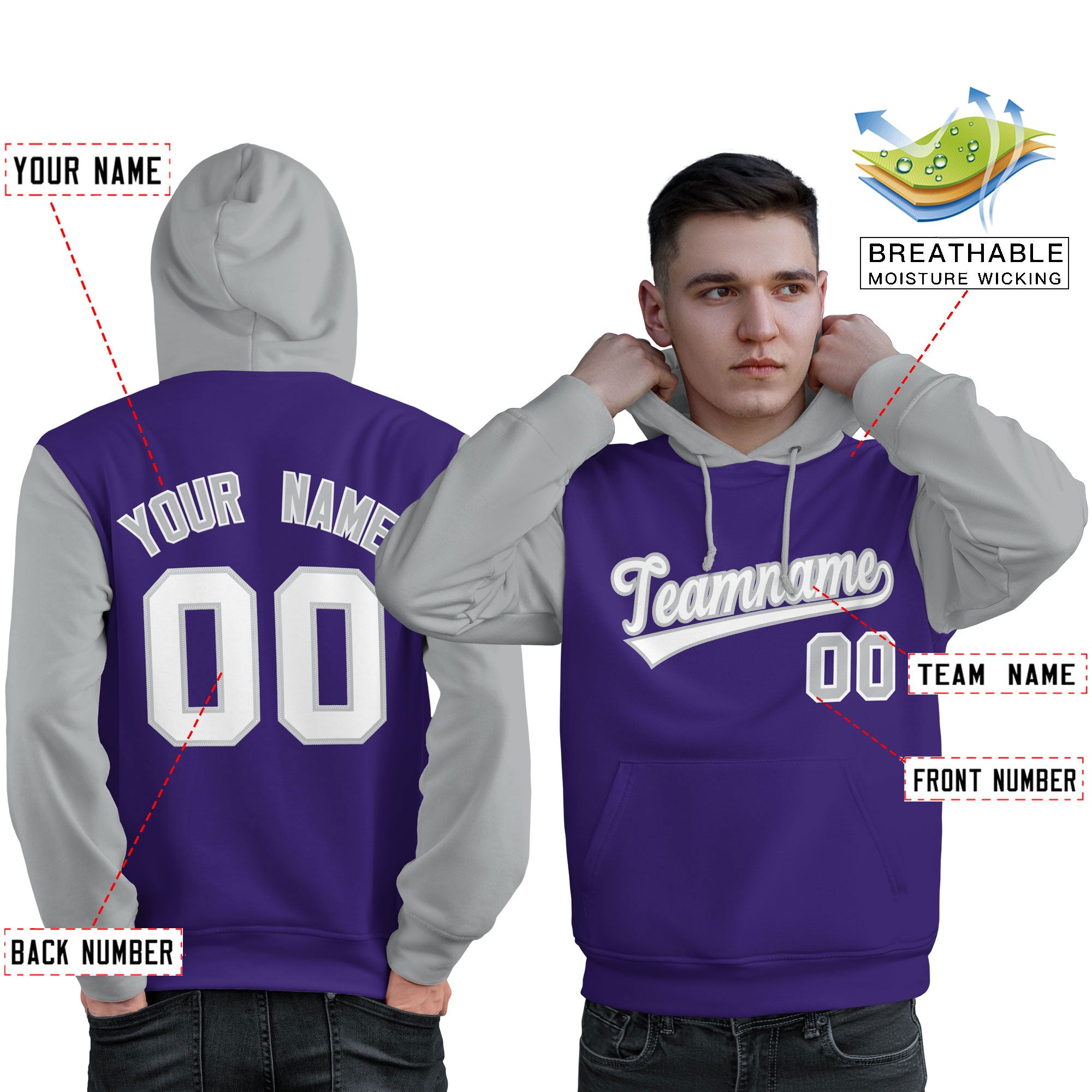 Custom Purple White-Gray Raglan Sleeves Pullover Personalized Sweatshirt Hoodie