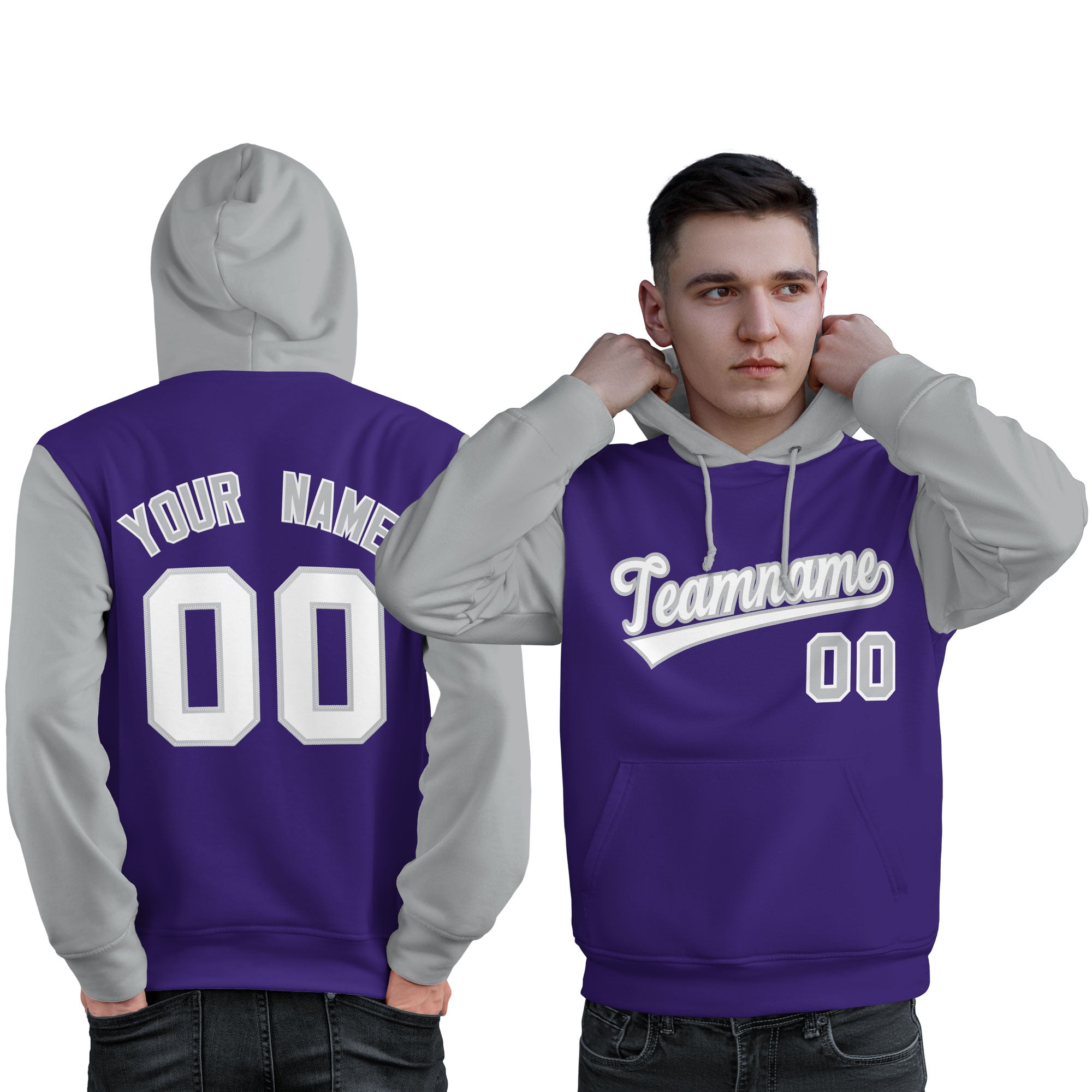 Custom Purple White-Gray Raglan Sleeves Pullover Personalized Sweatshirt Hoodie