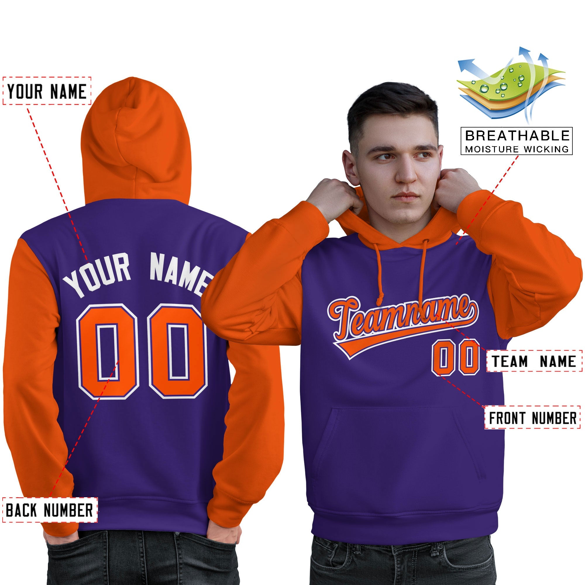 Custom Purple Orange-White Raglan Sleeves Pullover Personalized Sweatshirt Hoodie