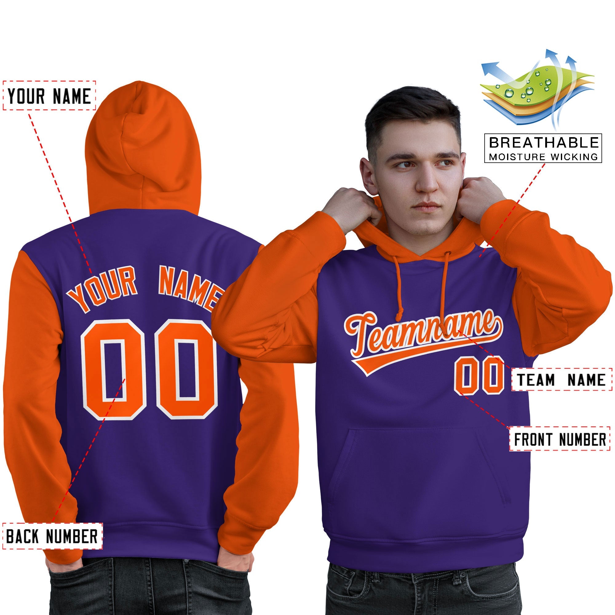 Custom Purple Orange-White Raglan Sleeves Pullover Personalized Sweatshirt Hoodie