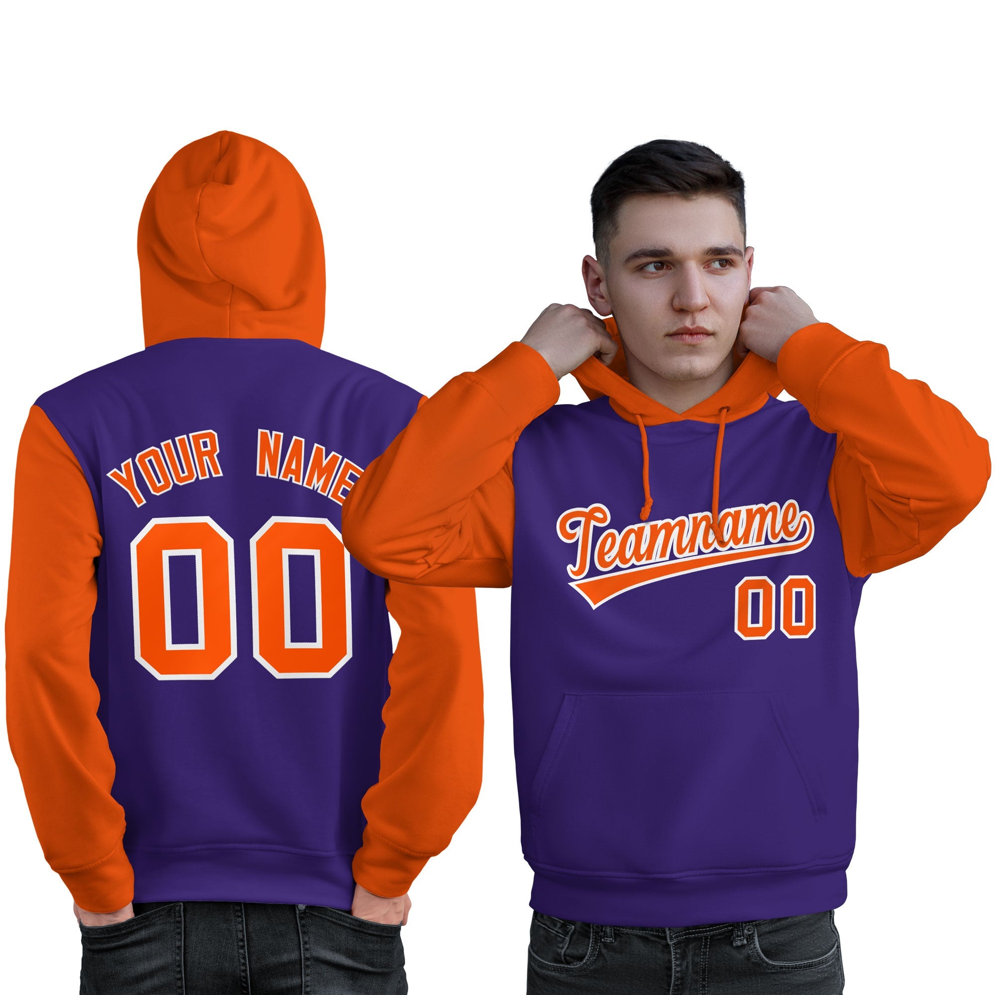 Custom Purple Orange-White Raglan Sleeves Pullover Personalized Sweatshirt Hoodie