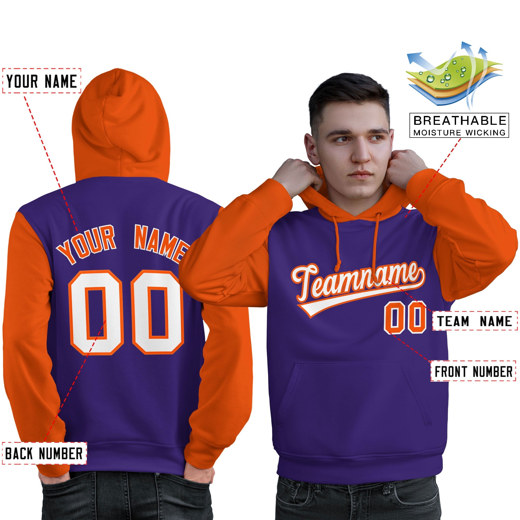 Custom Purple White-Orange Raglan Sleeves Pullover Personalized Sweatshirt Hoodie