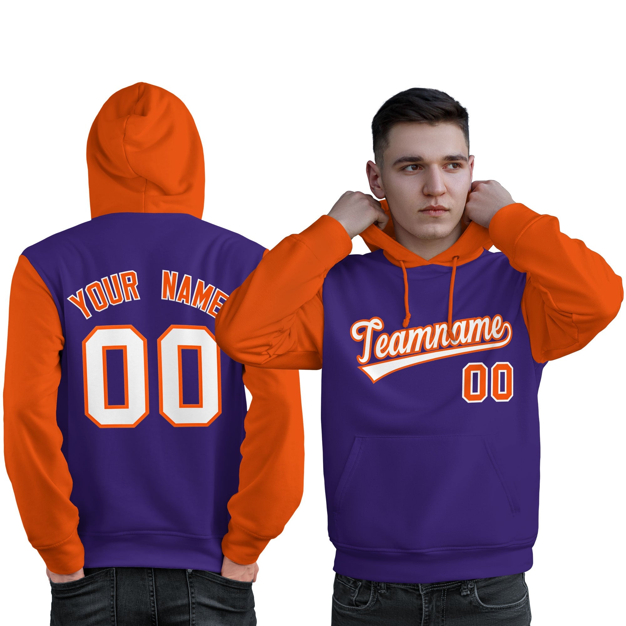 Custom Purple White-Orange Raglan Sleeves Pullover Personalized Sweatshirt Hoodie