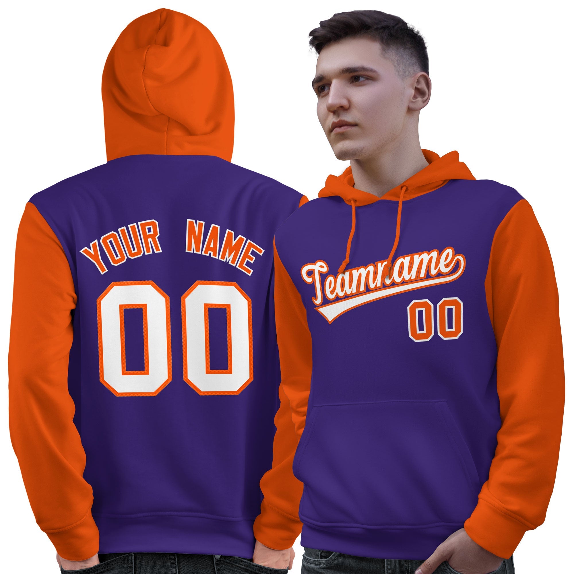 Custom Purple White-Orange Raglan Sleeves Pullover Personalized Sweatshirt Hoodie