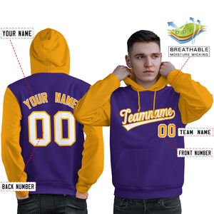 Custom Purple White-Gold Raglan Sleeves Pullover Personalized Sweatshirt Hoodie