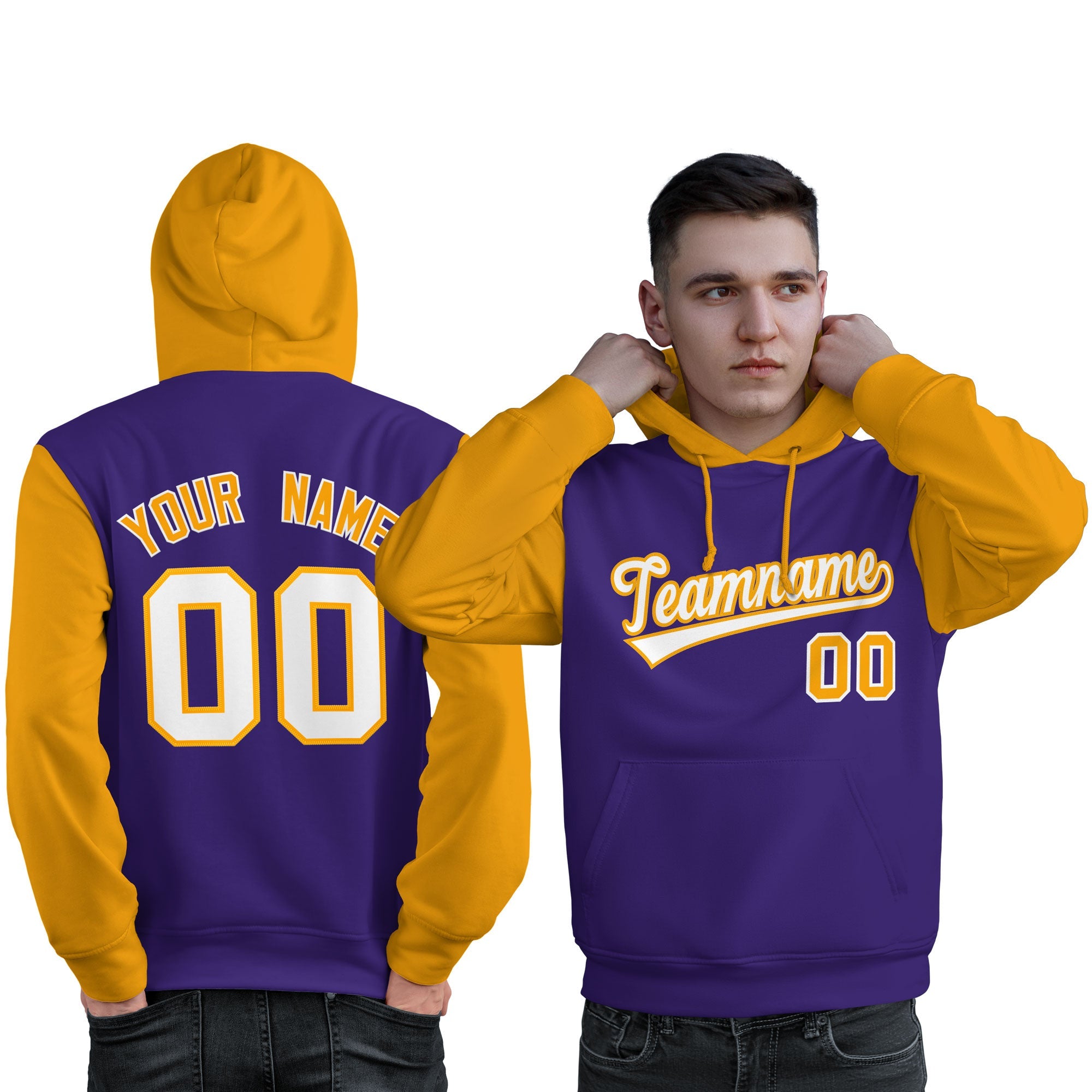 Custom Purple White-Gold Raglan Sleeves Pullover Personalized Sweatshirt Hoodie