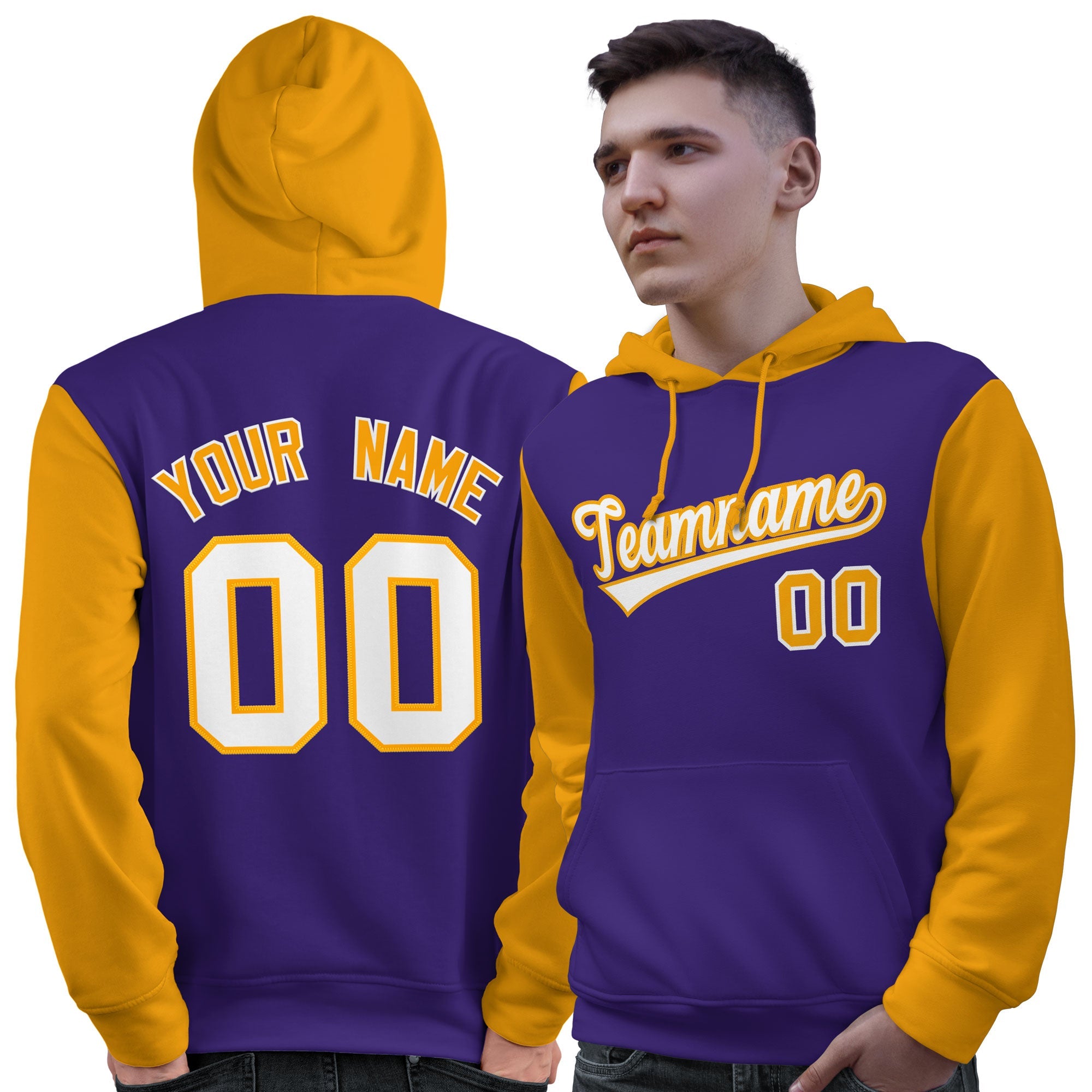 Custom Purple White-Gold Raglan Sleeves Pullover Personalized Sweatshirt Hoodie