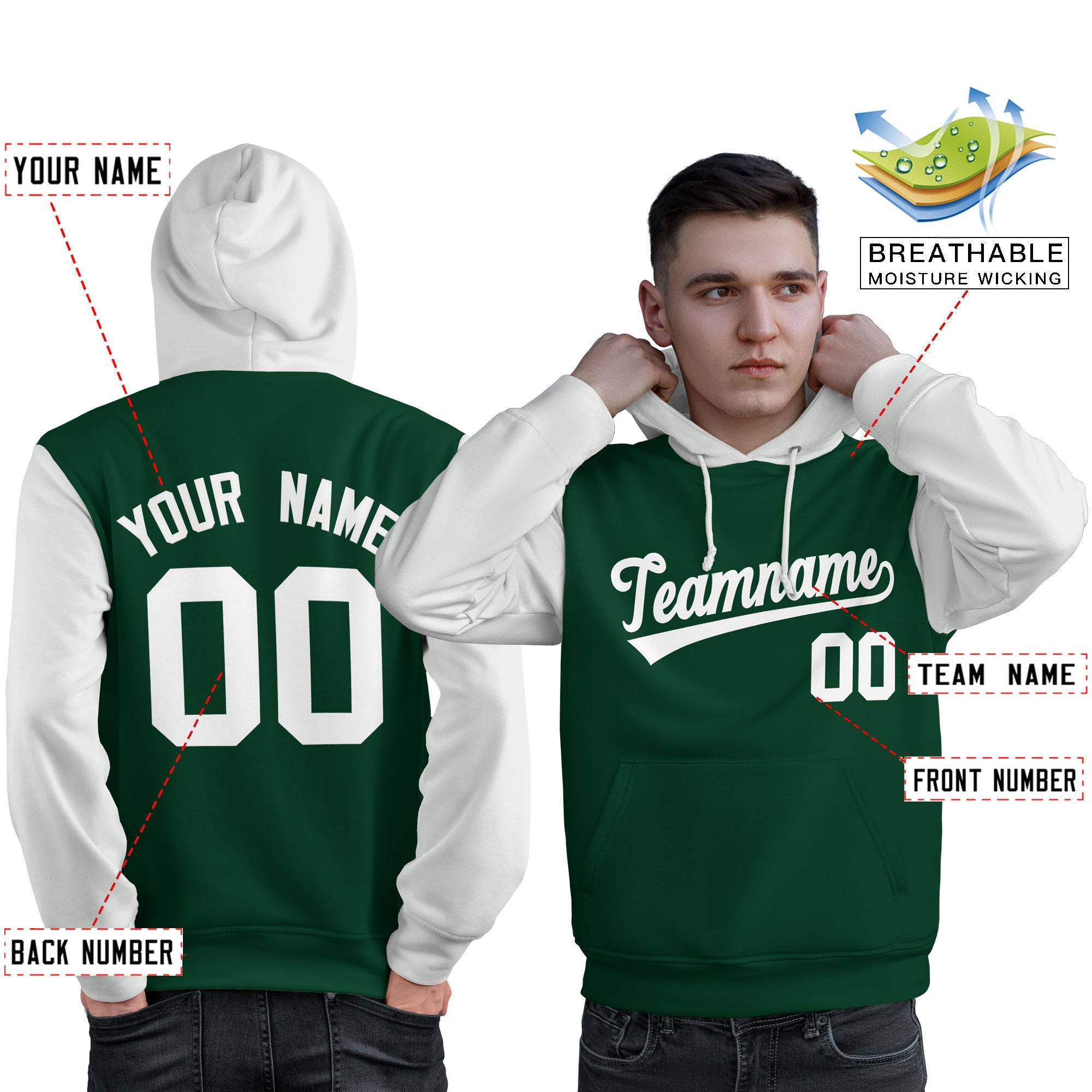 Custom Green White Raglan Sleeves Pullover Personalized Sweatshirt Hoodie