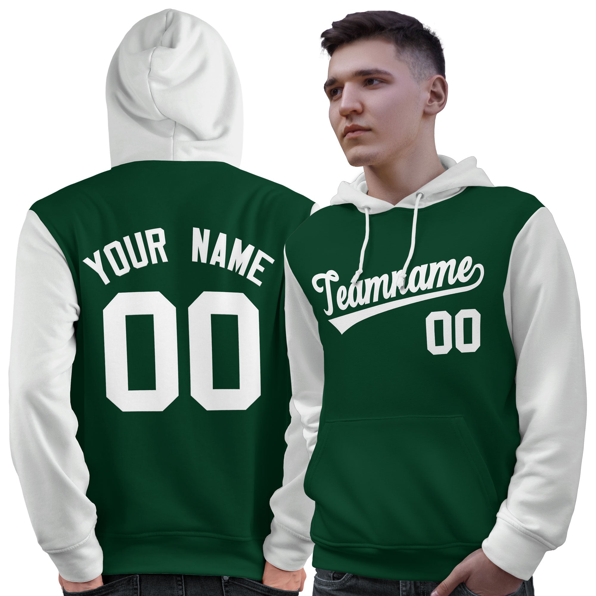 Custom Green White Raglan Sleeves Pullover Personalized Sweatshirt Hoodie