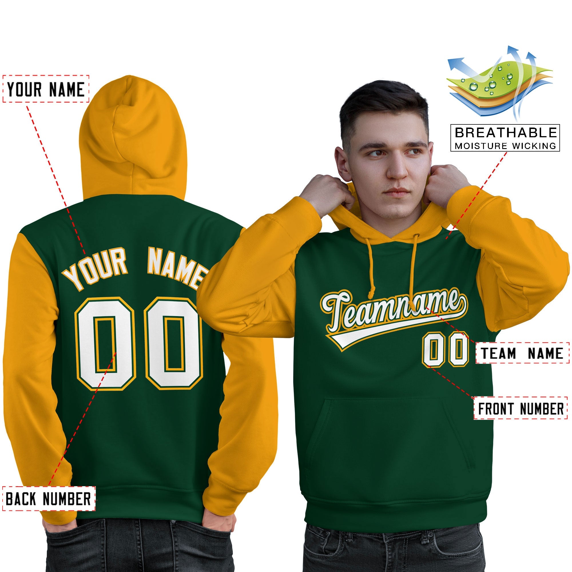 Custom Green White-Gold Raglan Sleeves Pullover Personalized Sweatshirt Hoodie