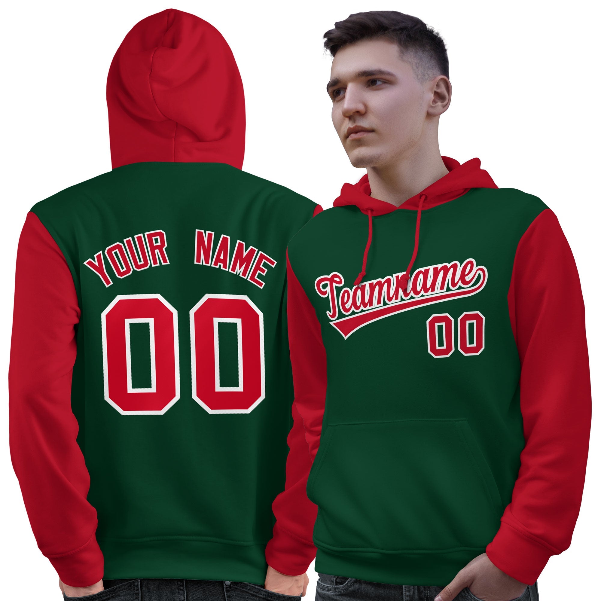 Custom Green Red-White Raglan Sleeves Pullover Personalized Sweatshirt Hoodie