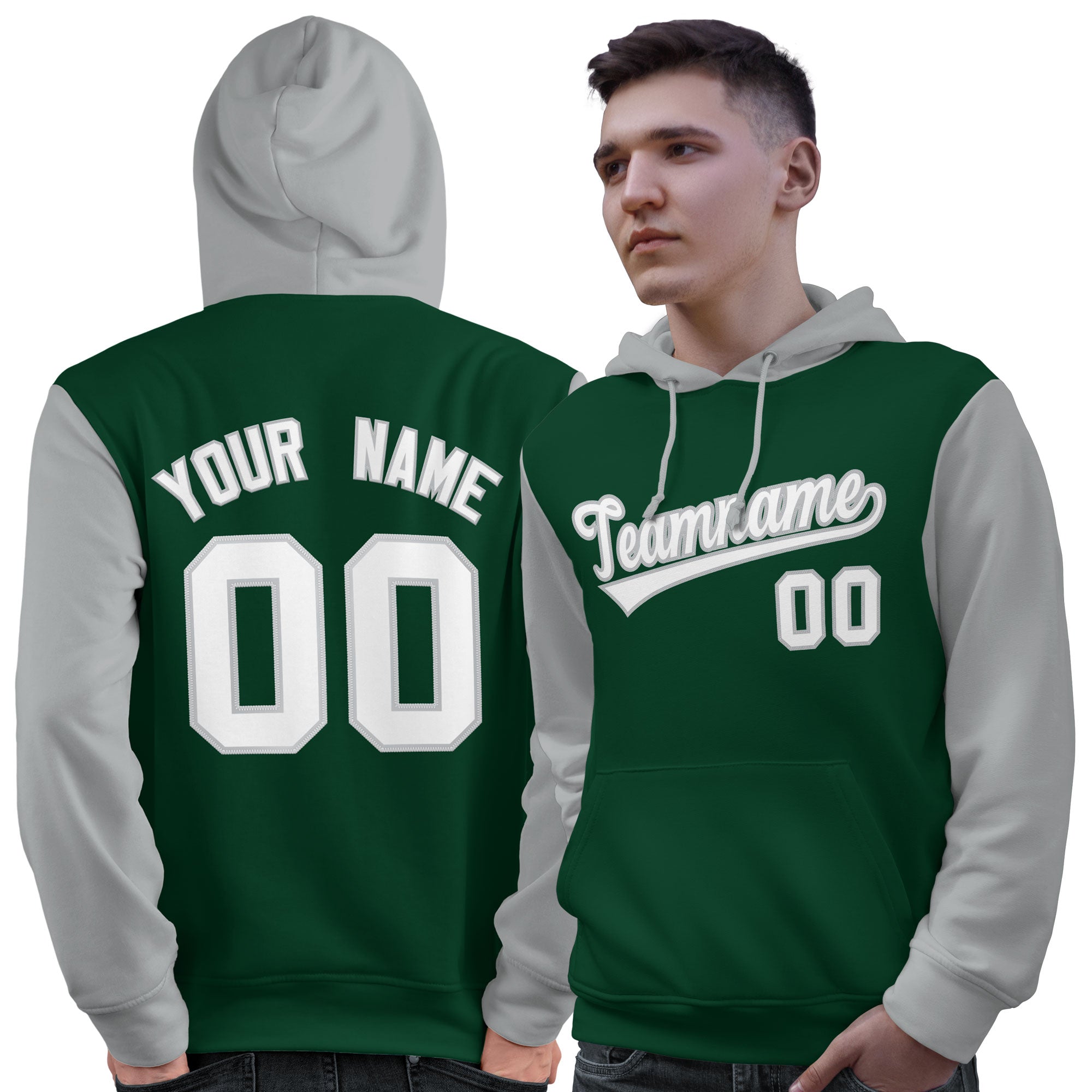 Custom Green White-Gray Raglan Sleeves Pullover Personalized Sweatshirt Hoodie